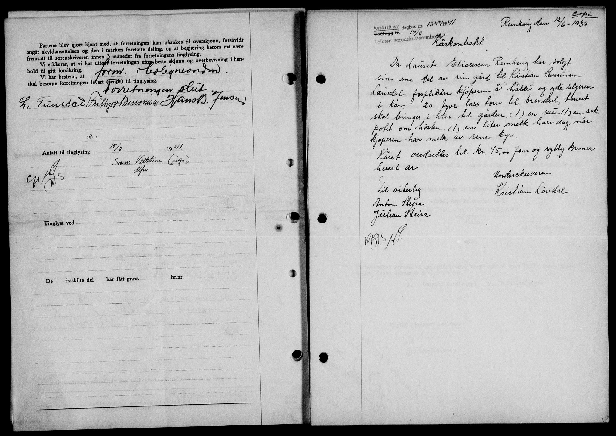 Lofoten sorenskriveri, SAT/A-0017/1/2/2C/L0008a: Mortgage book no. 8a, 1940-1941, Diary no: : 1344/1941