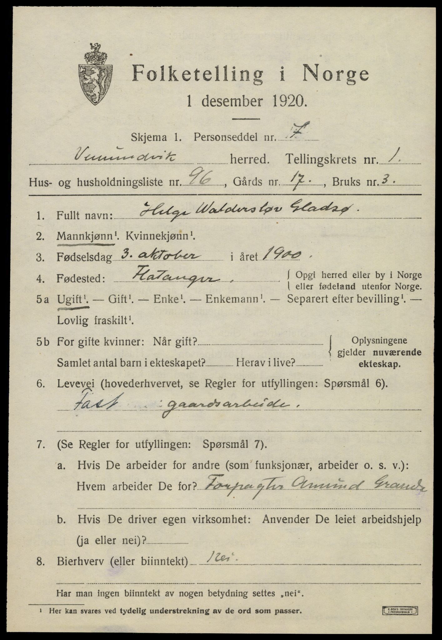 SAT, 1920 census for Vemundvik, 1920, p. 2457