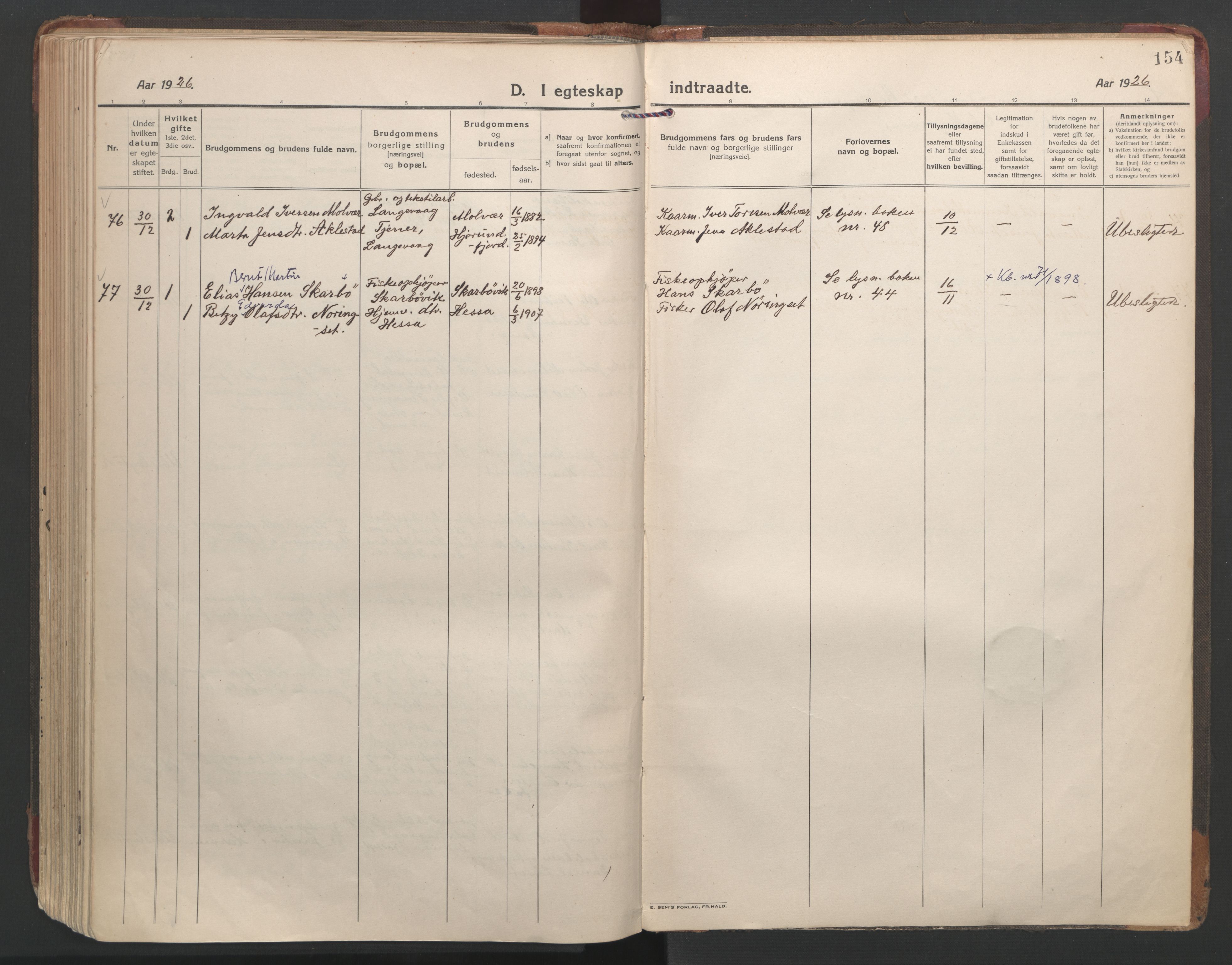 Ministerialprotokoller, klokkerbøker og fødselsregistre - Møre og Romsdal, SAT/A-1454/528/L0412: Parish register (official) no. 528A21, 1920-1926, p. 154