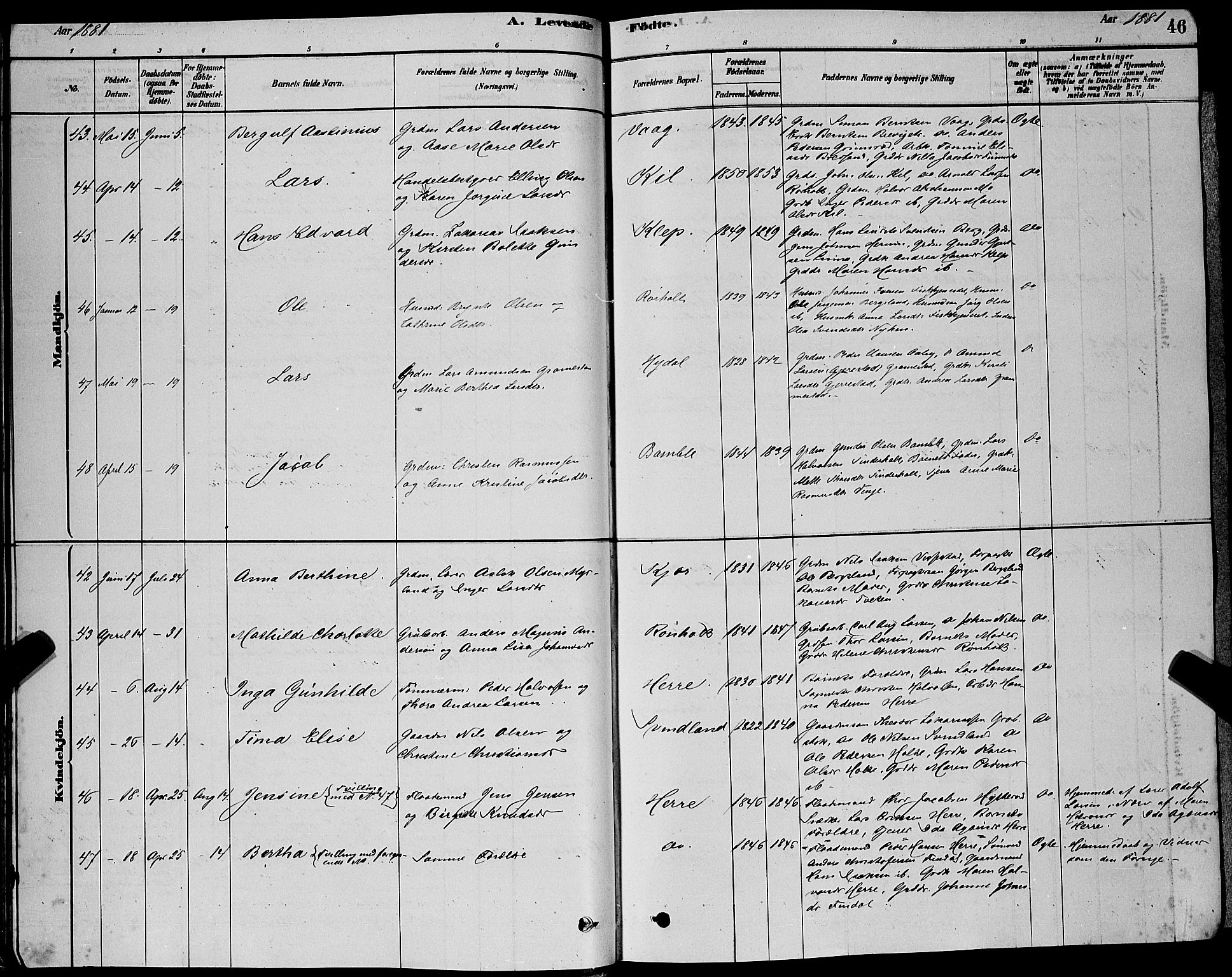 Bamble kirkebøker, AV/SAKO-A-253/G/Ga/L0008: Parish register (copy) no. I 8, 1878-1888, p. 46