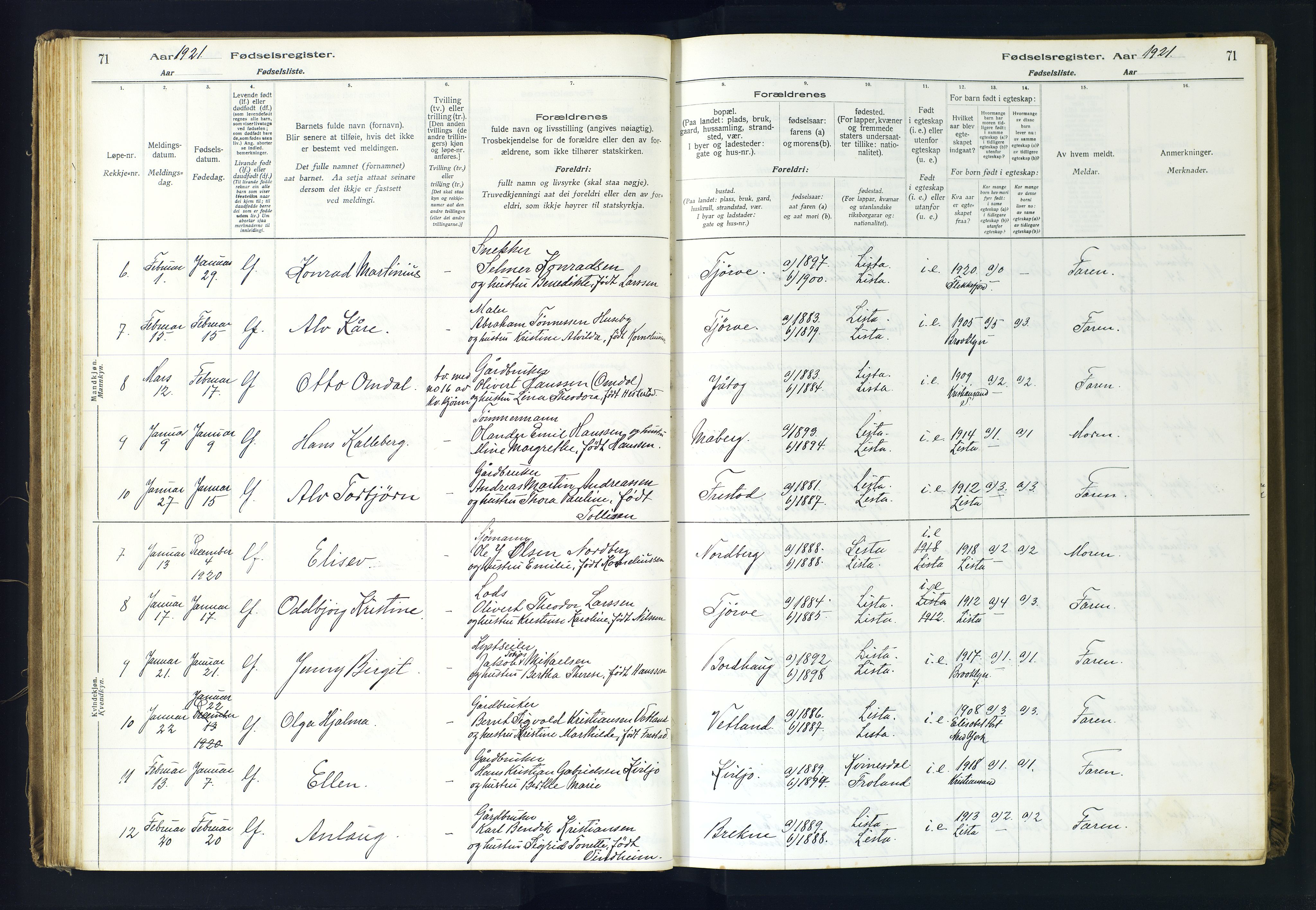 Lista sokneprestkontor, AV/SAK-1111-0027/J/Ja/L0001: Birth register no. A-VI-30, 1916-1934, p. 71