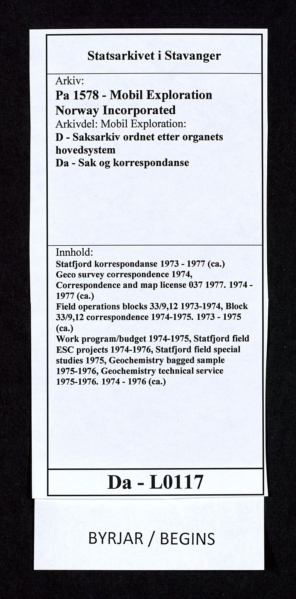 Pa 1578 - Mobil Exploration Norway Incorporated, SAST/A-102024/4/D/Da/L0117: S.E. Smith - Sak og korrespondanse, 1973-1977, p. 1