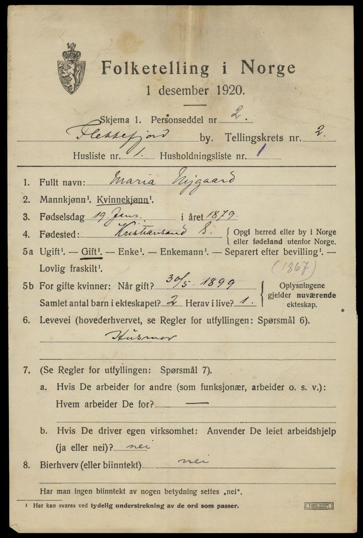 SAK, 1920 census for Flekkefjord, 1920, p. 2494