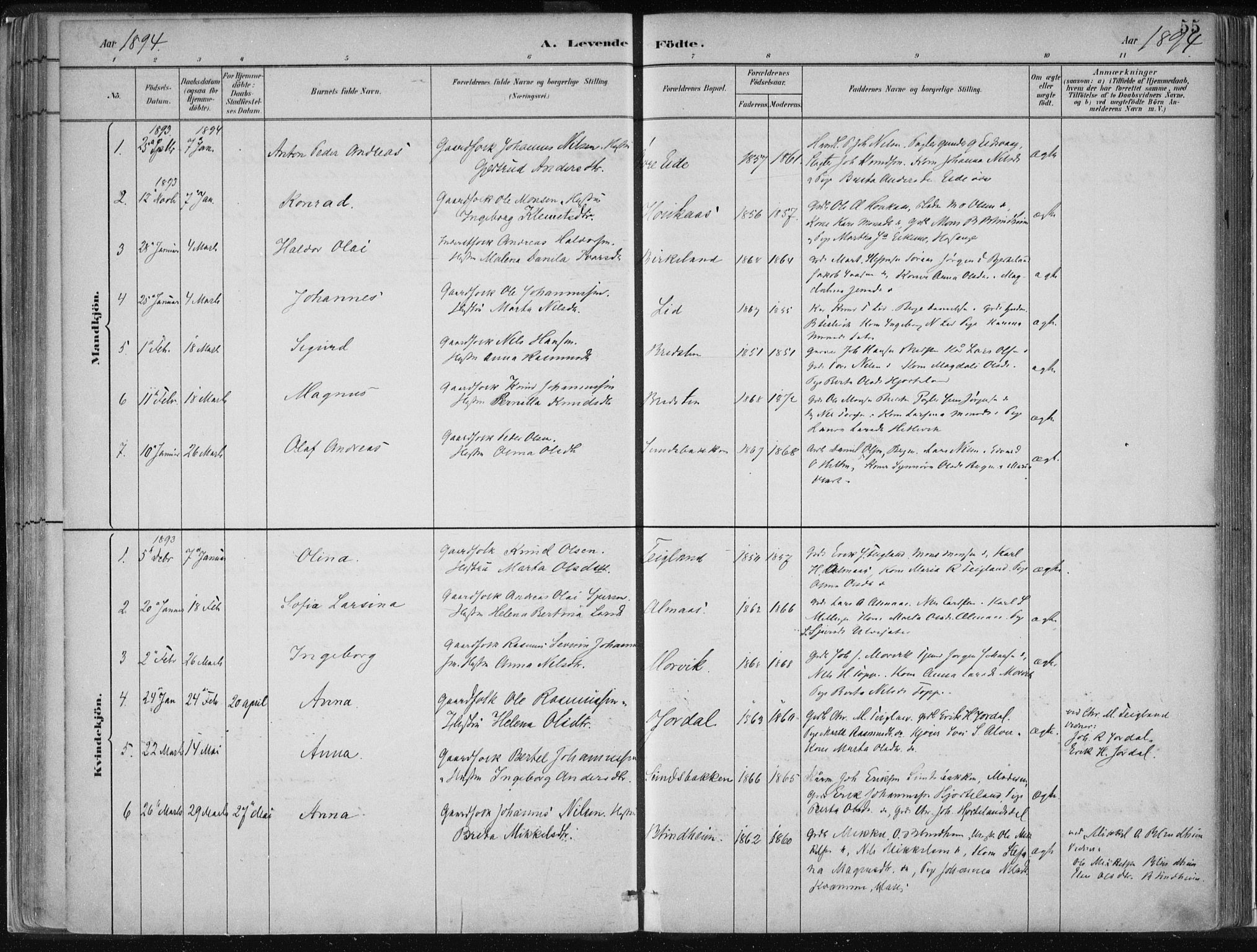 Hamre sokneprestembete, SAB/A-75501/H/Ha/Haa/Haad/L0001: Parish register (official) no. D  1, 1882-1906, p. 55