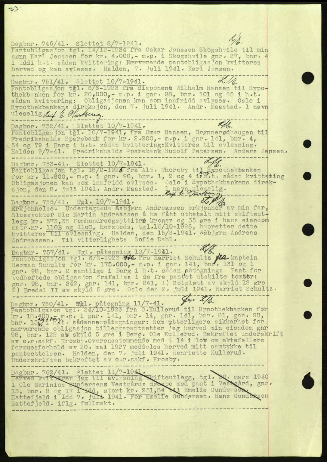 Idd og Marker sorenskriveri, AV/SAO-A-10283/G/Gb/Gbc/L0002: Mortgage book no. B4-9a, 1939-1945, Diary no: : 746/1941