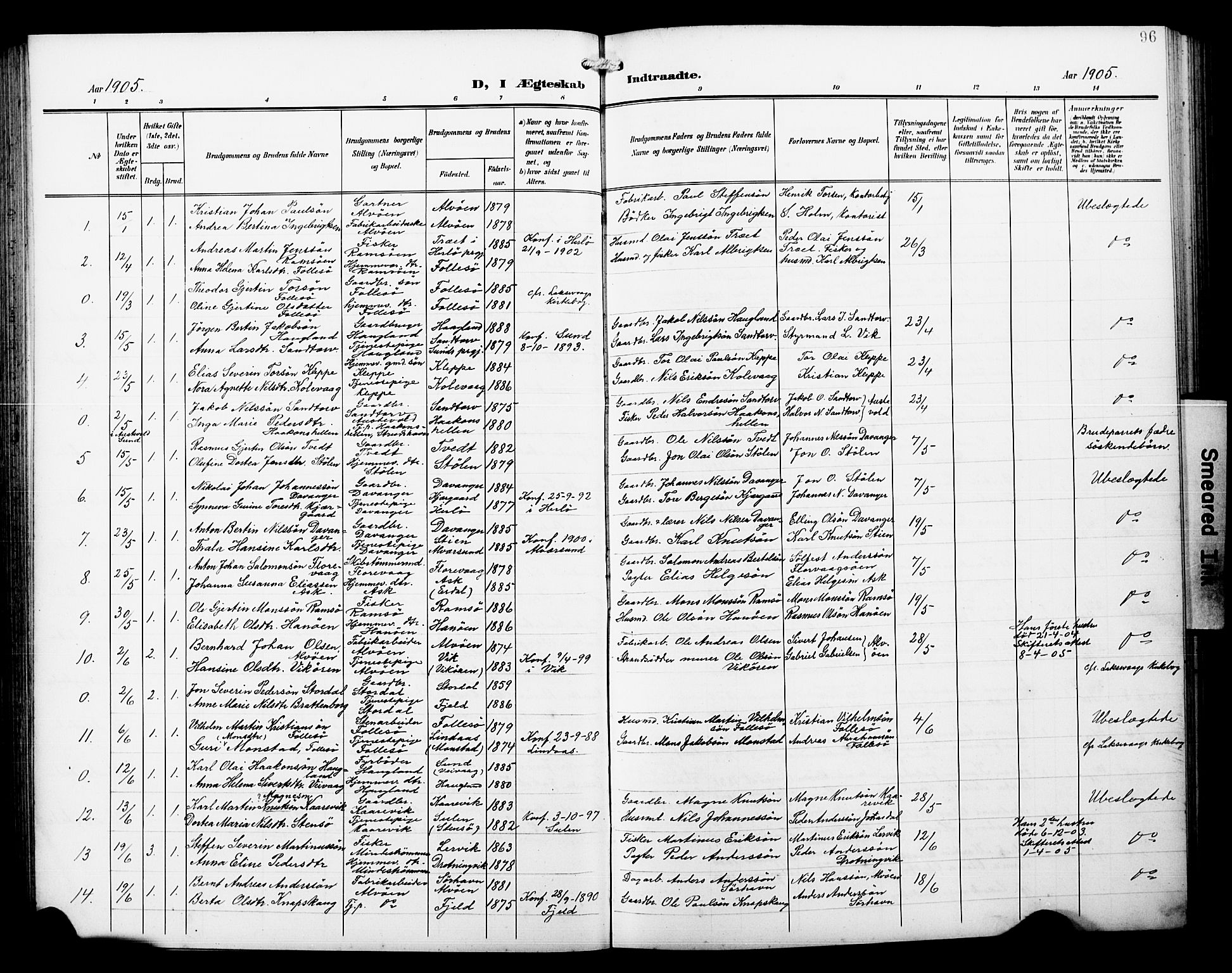 Askøy Sokneprestembete, AV/SAB-A-74101/H/Ha/Hab/Haba/L0014: Parish register (copy) no. A 14, 1904-1927, p. 96