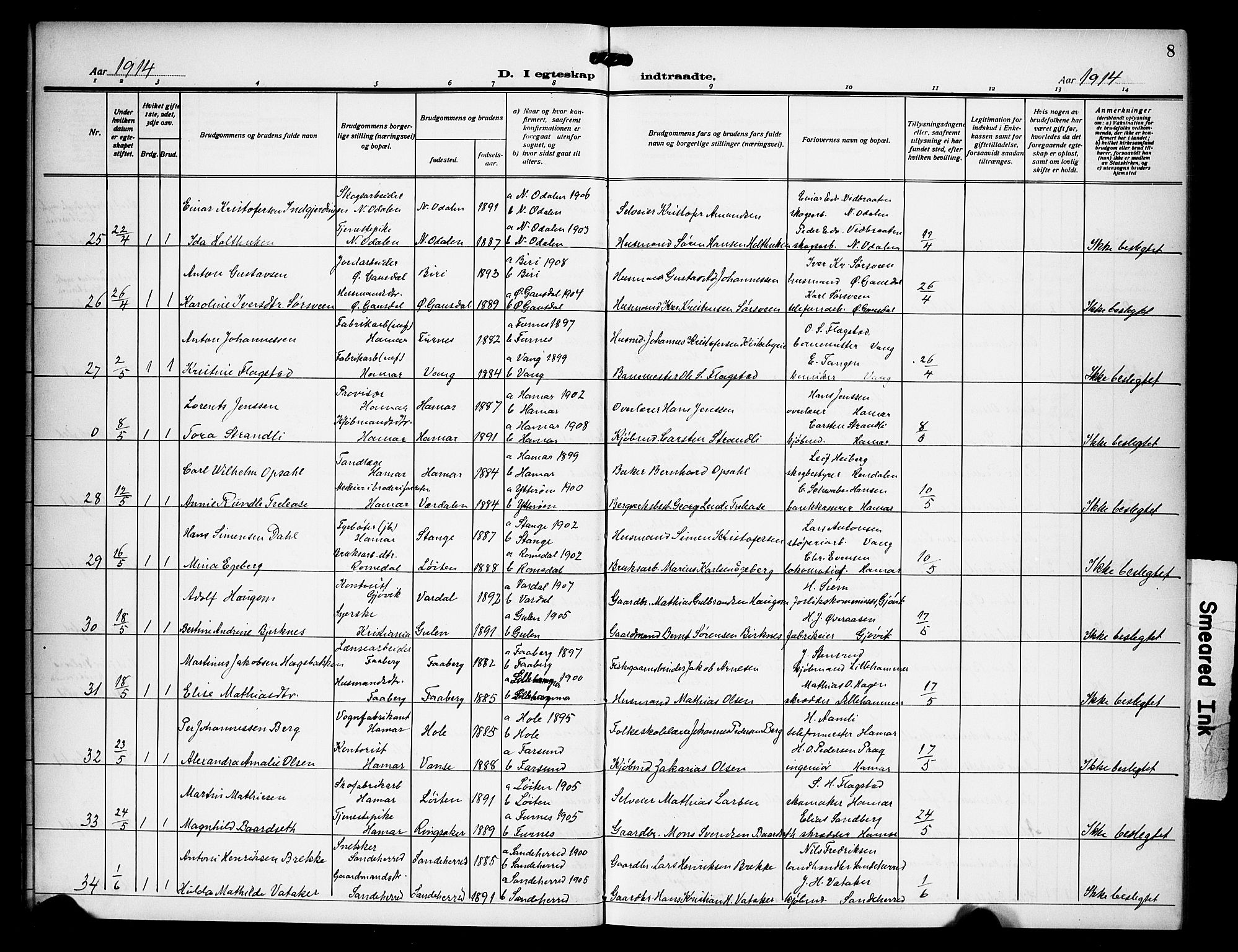 Hamar prestekontor, AV/SAH-DOMPH-002/H/Ha/Hab/L0003: Parish register (copy) no. 3, 1913-1930, p. 8