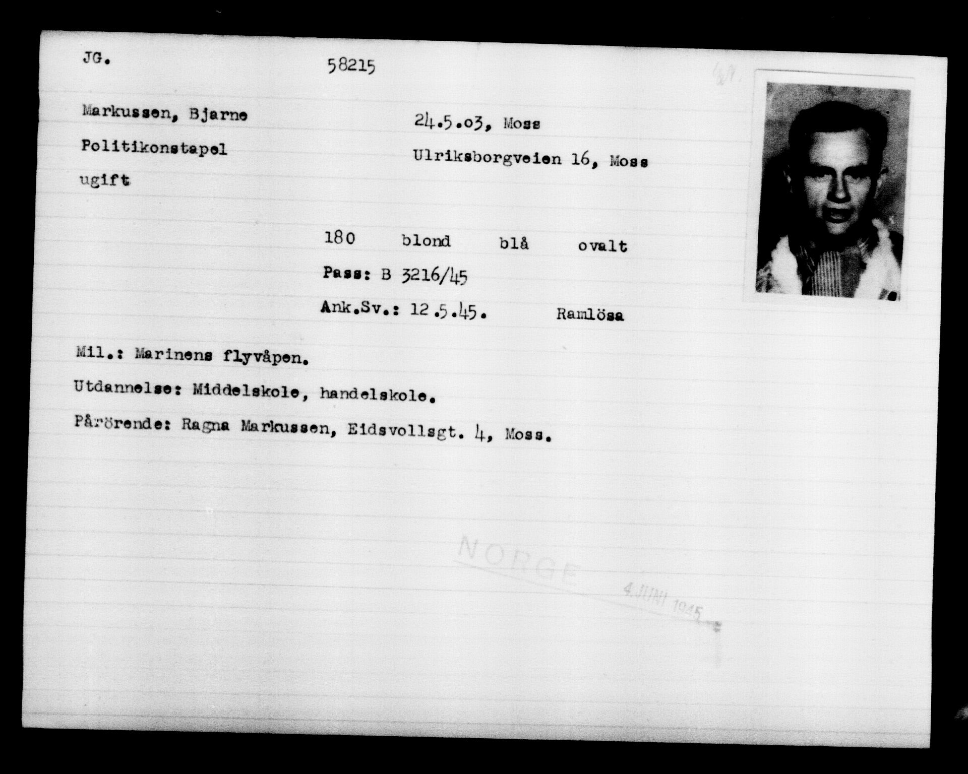 Utenriksstasjonene, Legasjonen i Stockholm, Flyktningkontoret, AV/RA-S-6753/V/Va/L0020: Kjesäterkartoteket, flyktninger med registreringsnr. 55000-58245, 1940-1945, p. 3210