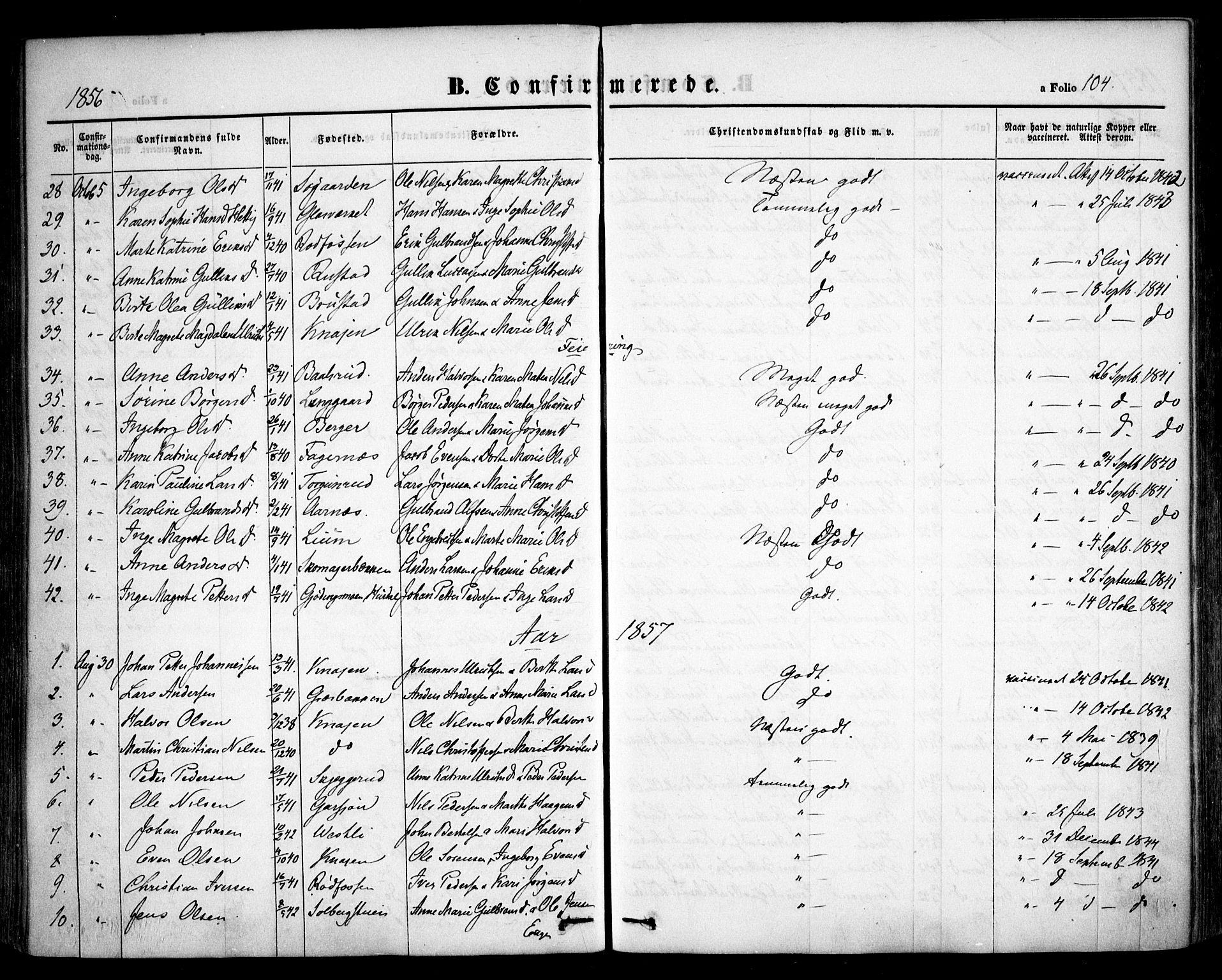 Hurdal prestekontor Kirkebøker, AV/SAO-A-10889/F/Fa/L0005: Parish register (official) no. I 5, 1846-1859, p. 104