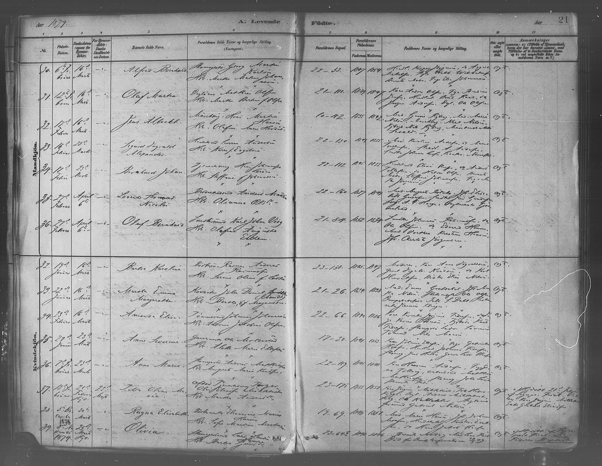 Korskirken sokneprestembete, SAB/A-76101/H/Haa/L0021: Parish register (official) no. B 7, 1878-1889, p. 21