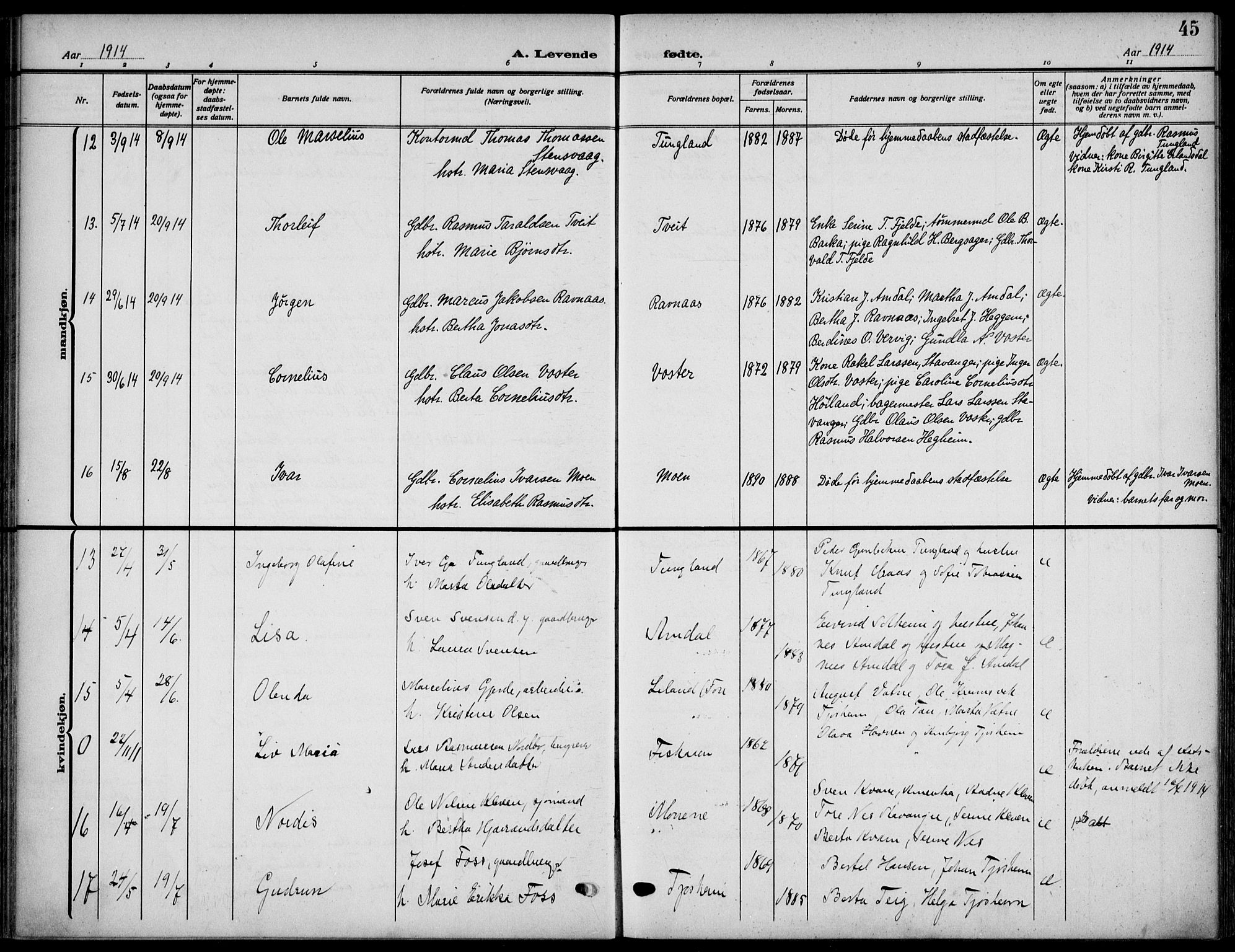 Strand sokneprestkontor, AV/SAST-A-101828/H/Ha/Haa/L0011: Parish register (official) no. A 11, 1908-1930, p. 45