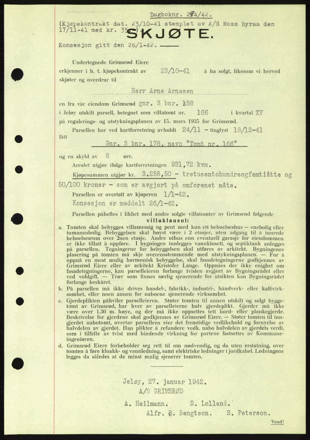 Moss sorenskriveri, SAO/A-10168: Mortgage book no. A9, 1941-1942, Diary no: : 294/1942