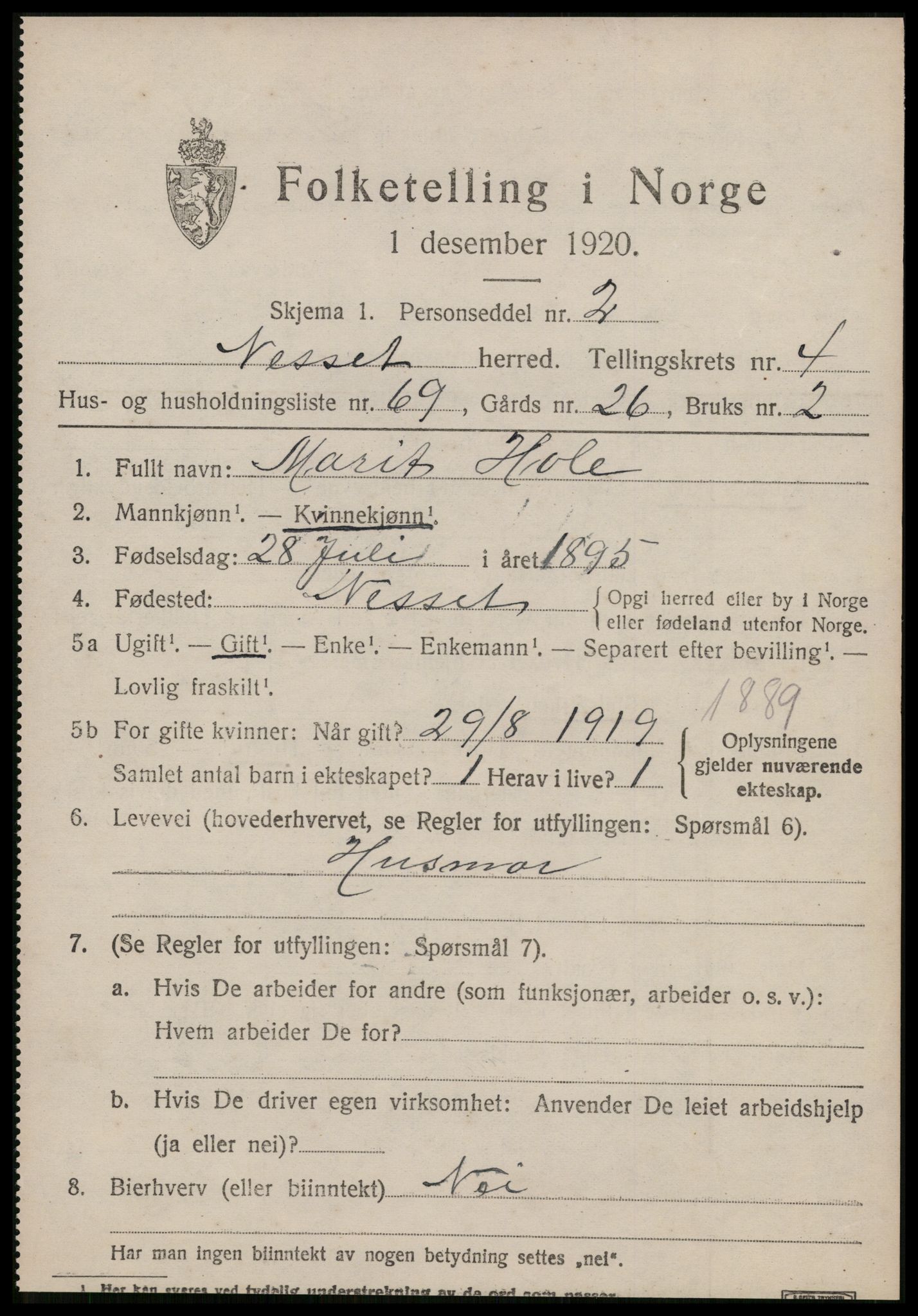 SAT, 1920 census for Nesset, 1920, p. 2198