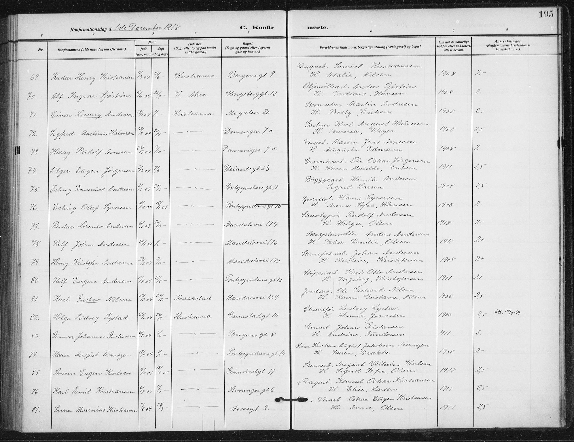 Sagene prestekontor Kirkebøker, SAO/A-10796/F/L0008: Parish register (official) no. 8, 1910-1919, p. 195