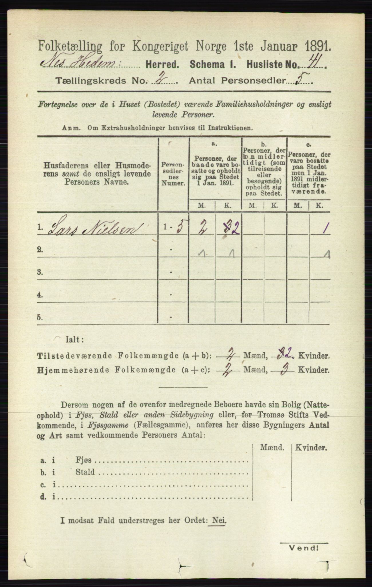 RA, 1891 census for 0411 Nes, 1891, p. 1045