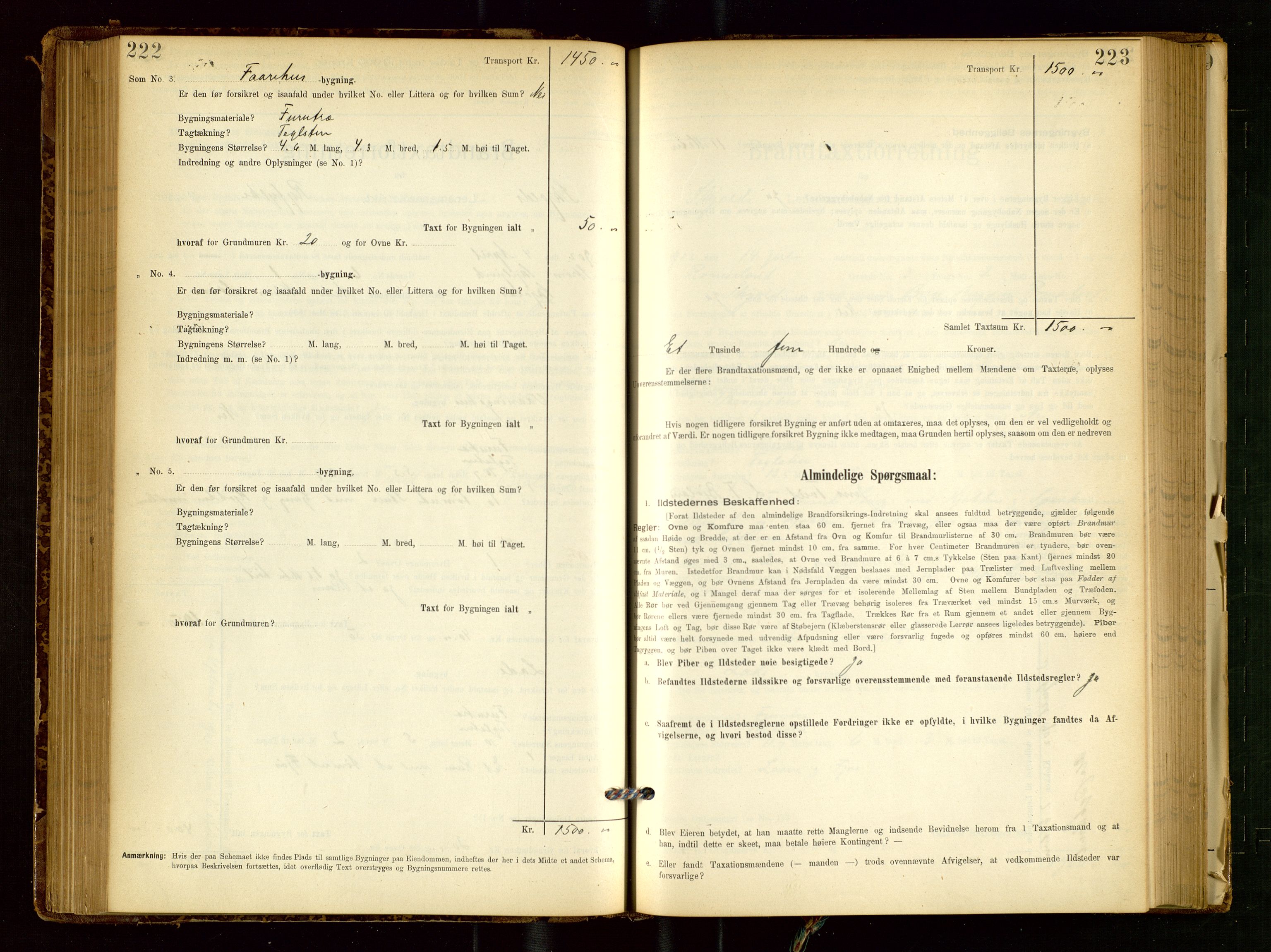 Skjold lensmannskontor, SAST/A-100182/Gob/L0001: "Brandtaxationsprotokol for Skjold Lensmandsdistrikt Ryfylke Fogderi", 1894-1939, p. 222-223