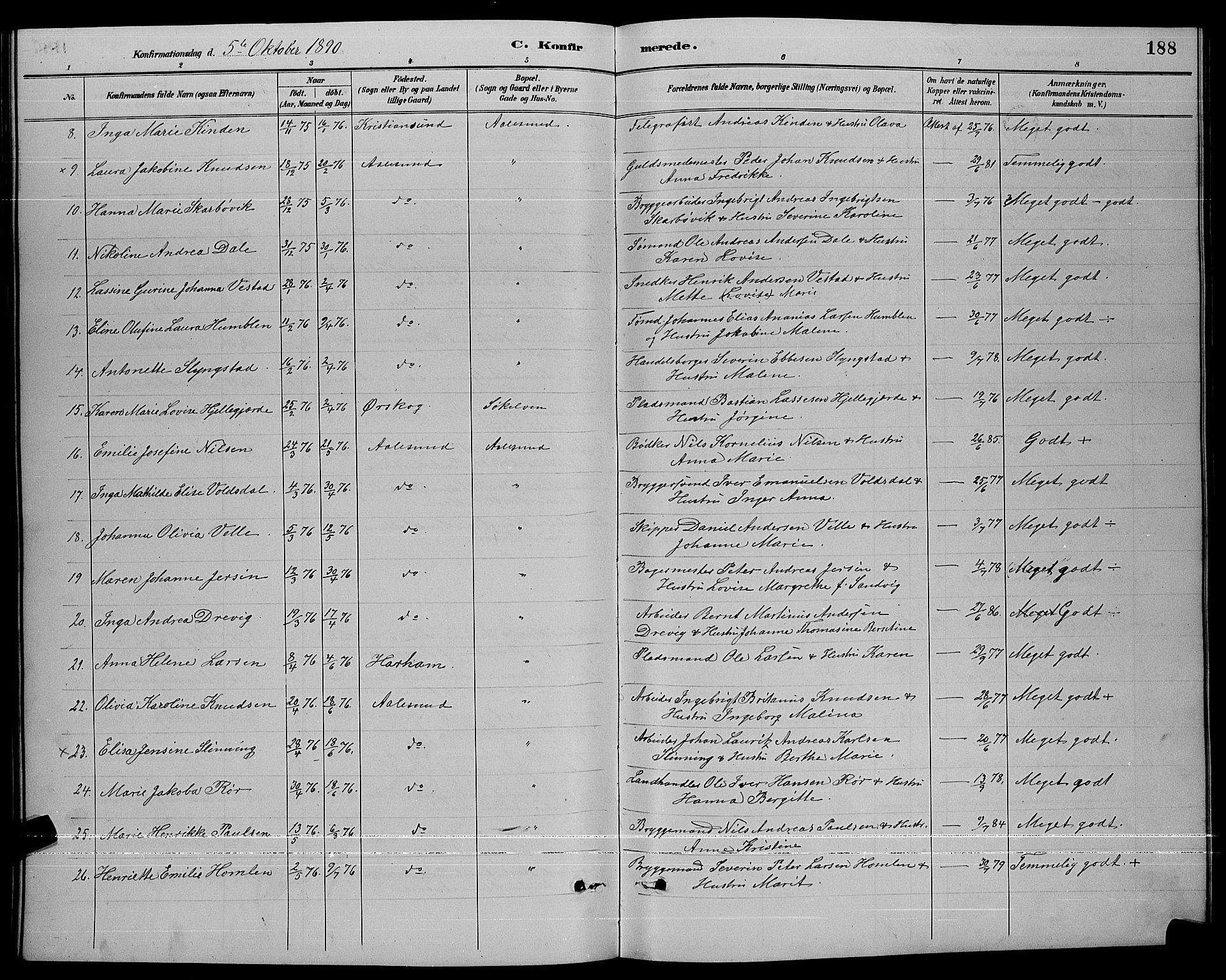 Ministerialprotokoller, klokkerbøker og fødselsregistre - Møre og Romsdal, AV/SAT-A-1454/529/L0467: Parish register (copy) no. 529C04, 1889-1897, p. 188