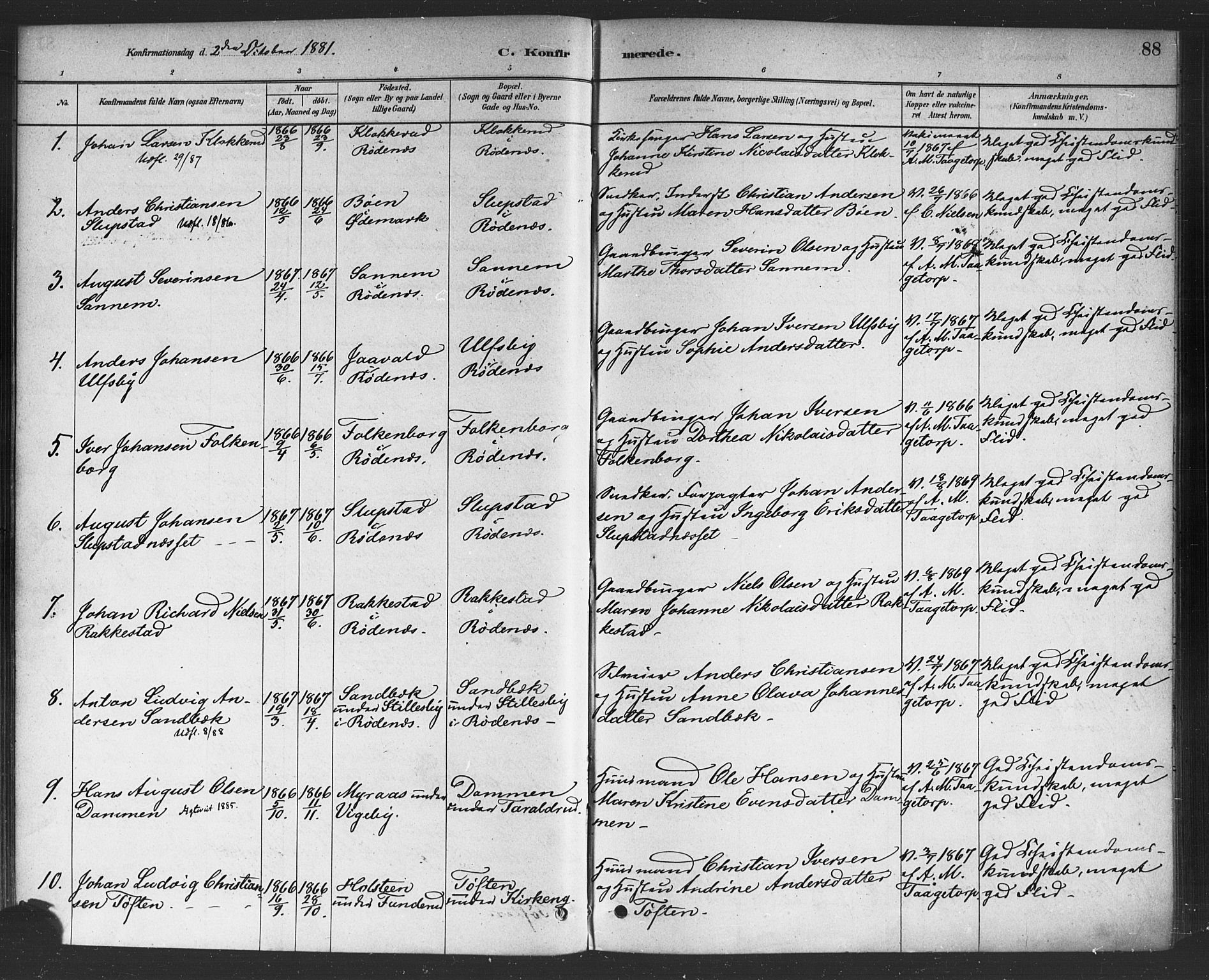 Rødenes prestekontor Kirkebøker, AV/SAO-A-2005/F/Fa/L0009: Parish register (official) no. I 9, 1880-1889, p. 88