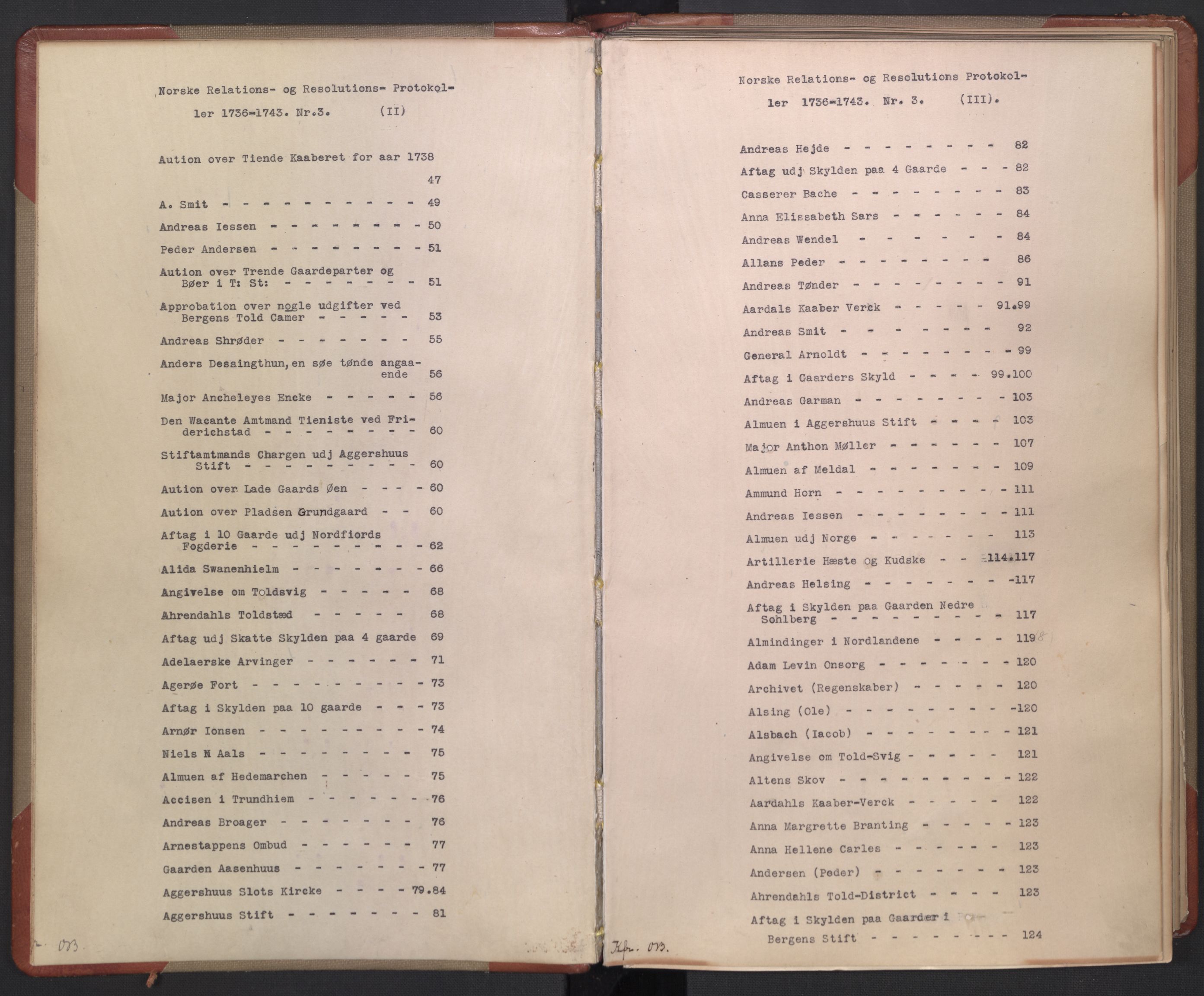 Avskriftsamlingen, AV/RA-EA-4022/F/Fb/L0117: Registratur over norske Relasjons- og  resolusjonsprotokoller, 1736-1743, p. 5