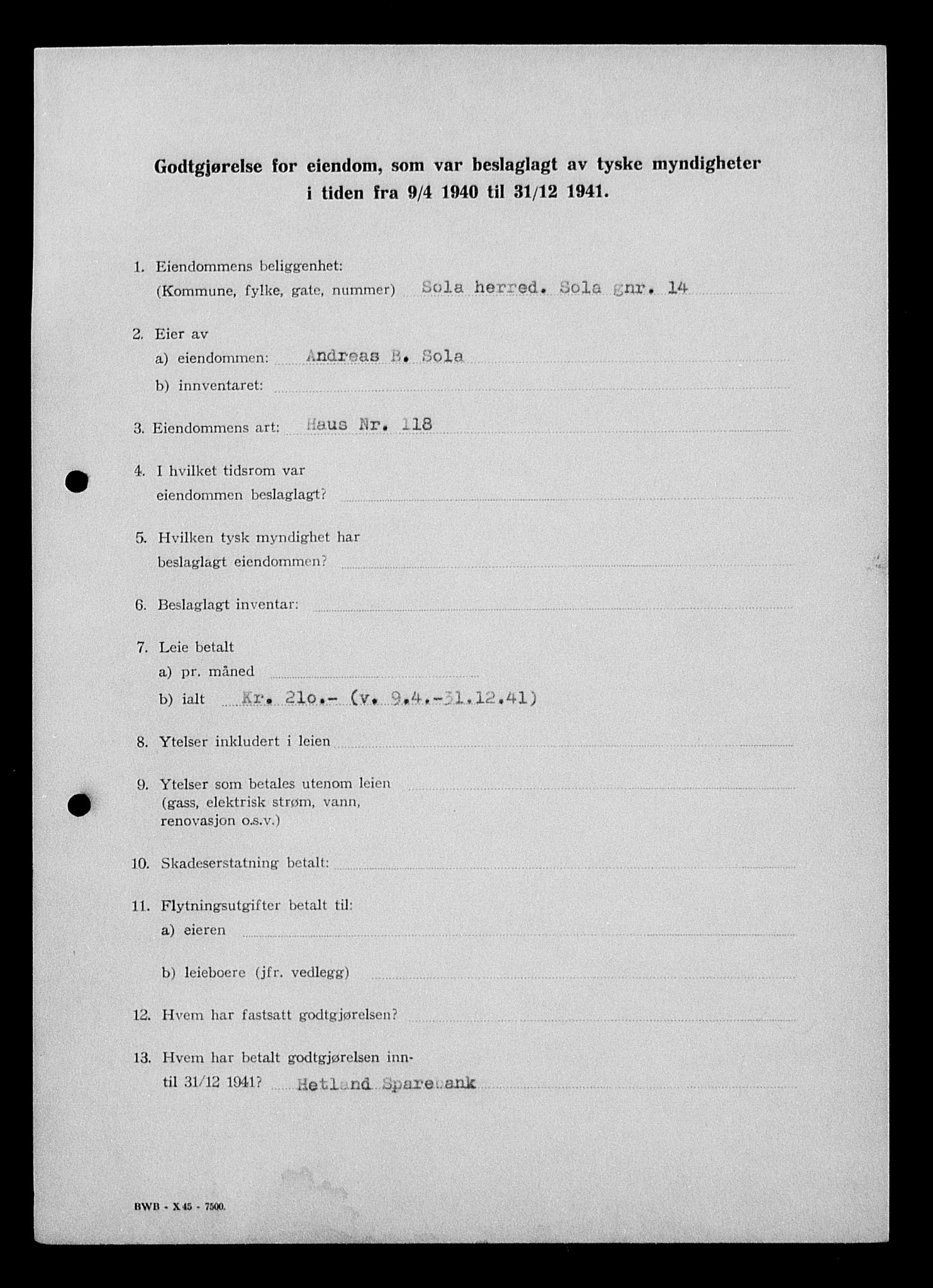 Justisdepartementet, Tilbakeføringskontoret for inndratte formuer, AV/RA-S-1564/I/L1015: Godtgjørelse for beslaglagt eiendom, 1940-1941, p. 198