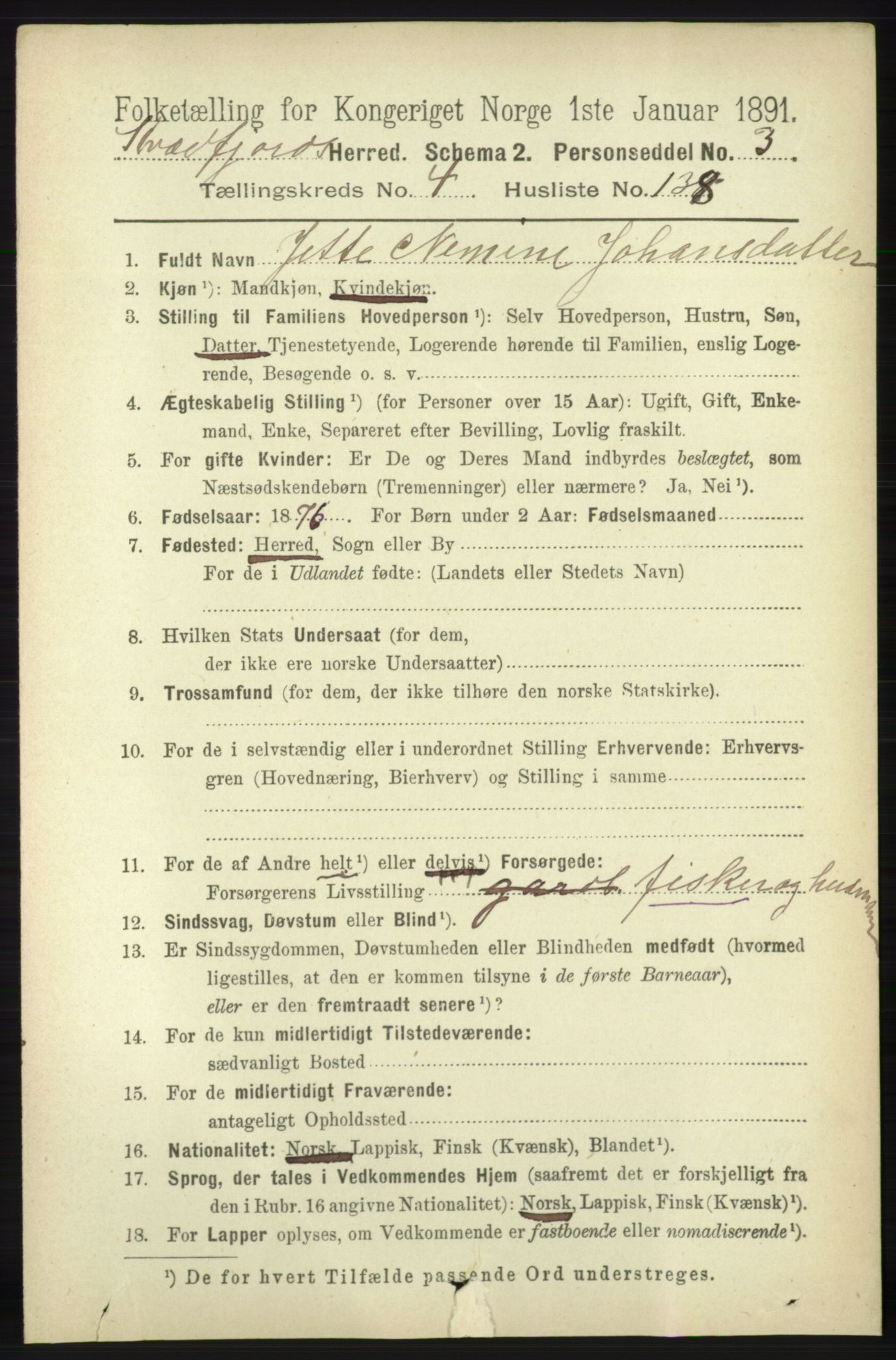 RA, 1891 census for 1911 Kvæfjord, 1891, p. 2761