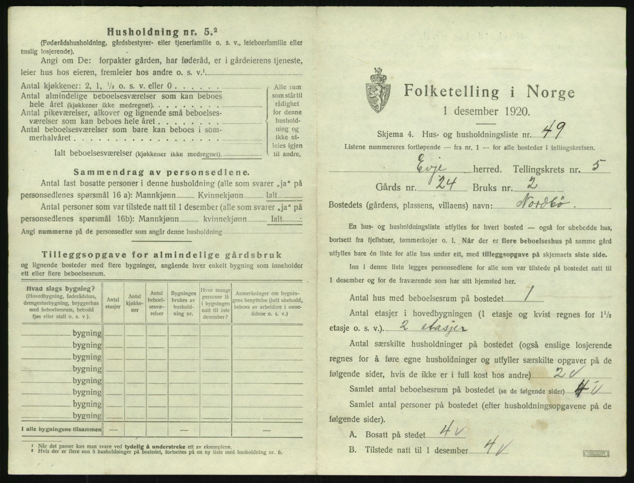 SAK, 1920 census for Evje, 1920, p. 310