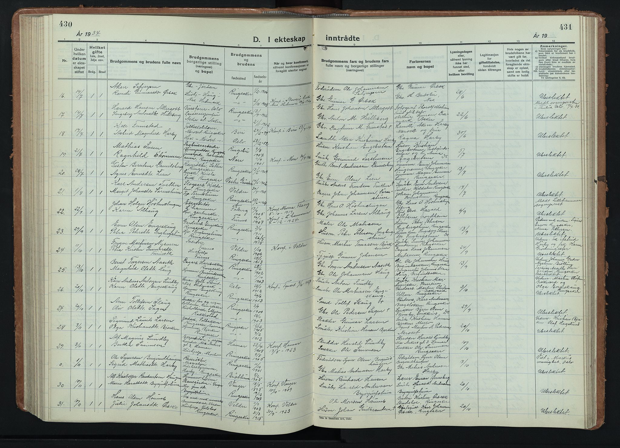 Ringsaker prestekontor, AV/SAH-PREST-014/L/La/L0020: Parish register (copy) no. 20, 1934-1946, p. 430-431