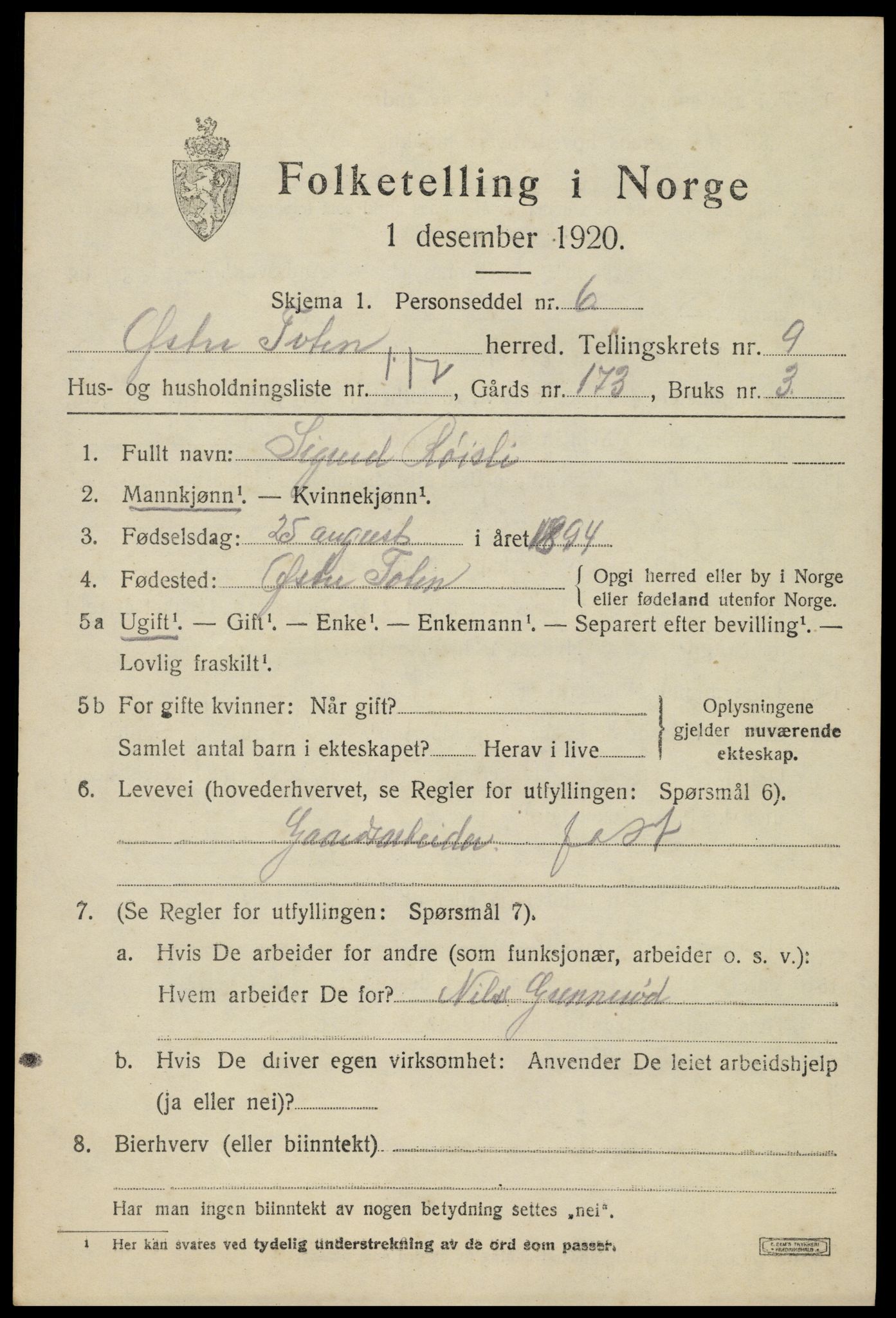 SAH, 1920 census for Østre Toten, 1920, p. 19606
