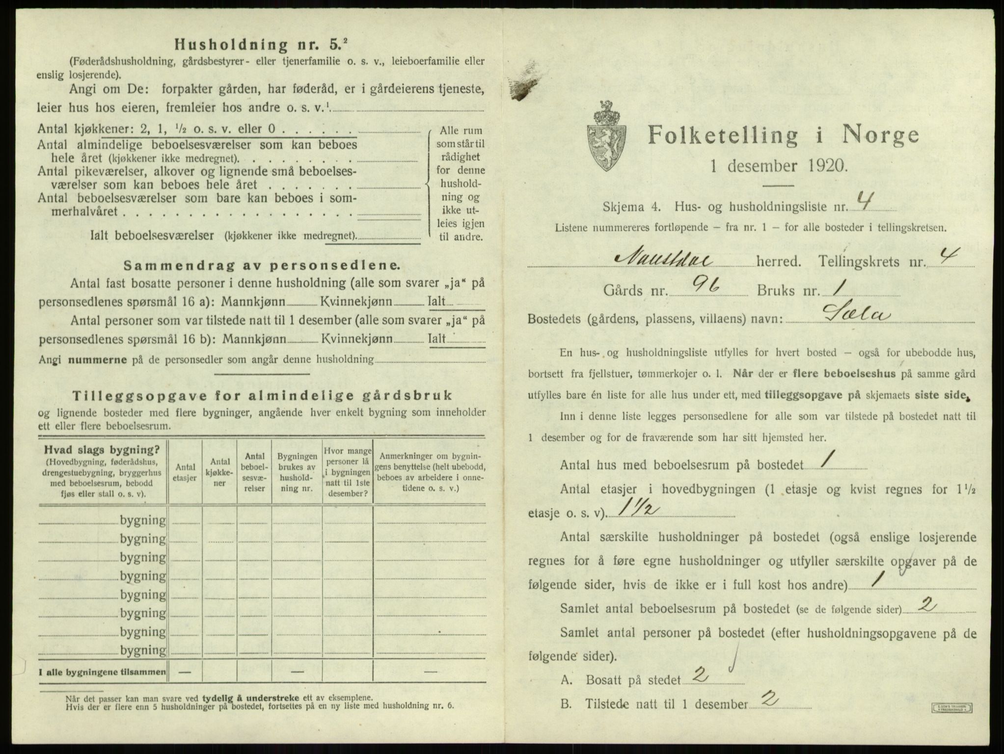 SAB, 1920 census for Naustdal, 1920, p. 252