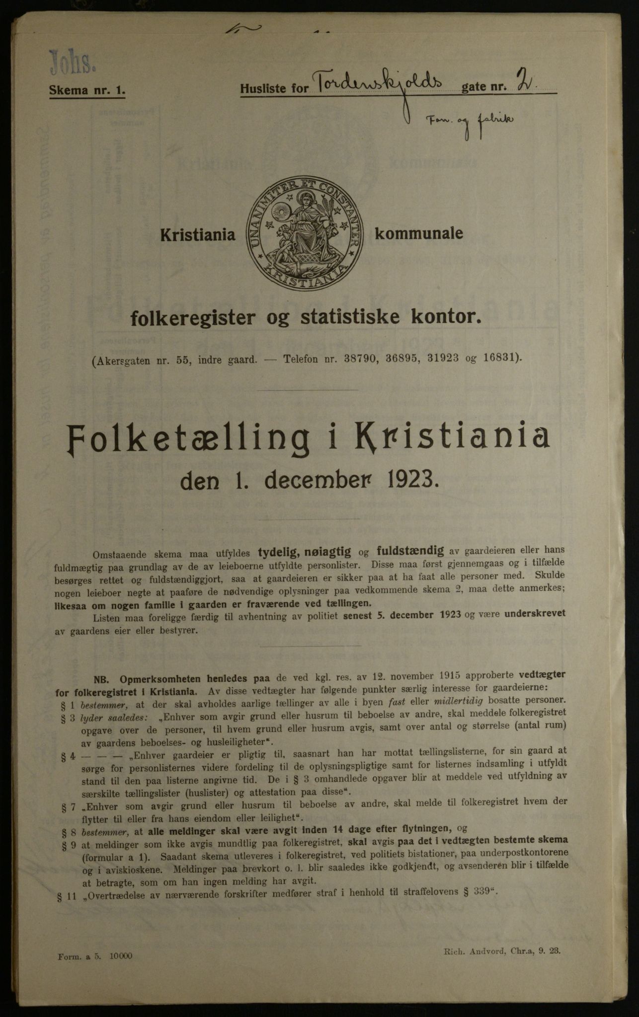 OBA, Municipal Census 1923 for Kristiania, 1923, p. 125511