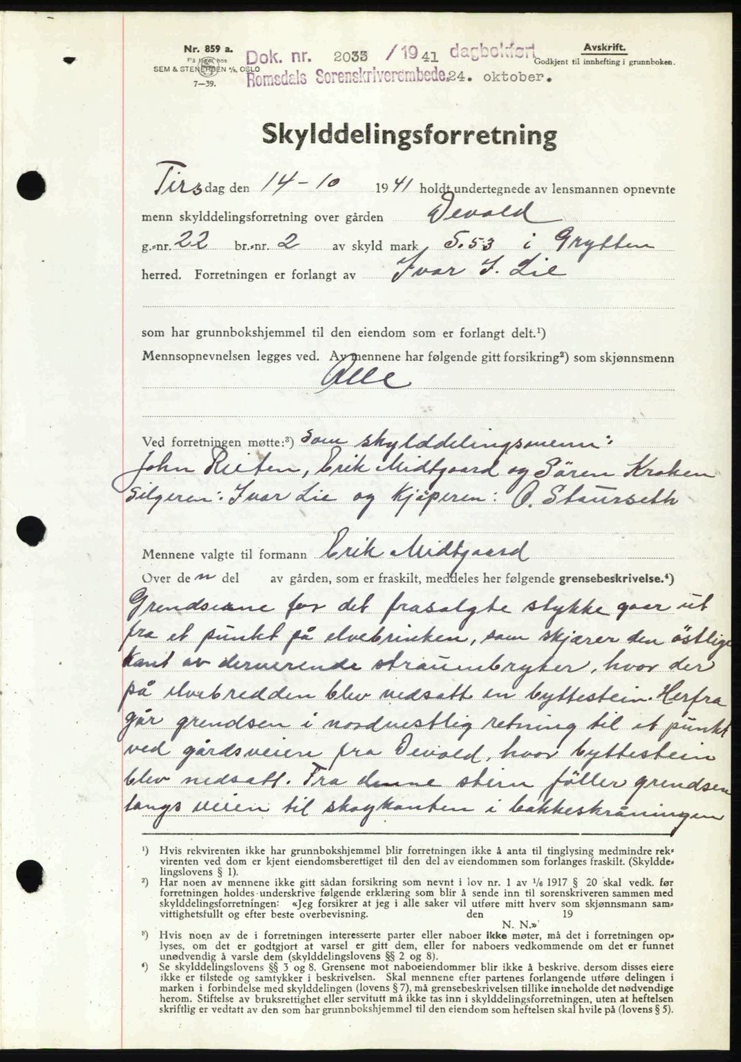 Romsdal sorenskriveri, AV/SAT-A-4149/1/2/2C: Mortgage book no. A11, 1941-1942, Diary no: : 2033/1941