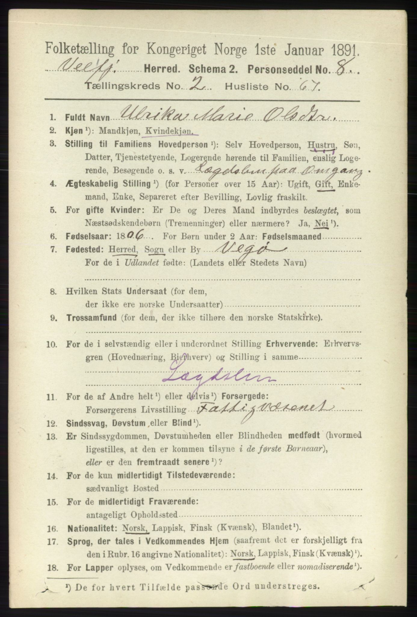 RA, 1891 census for 1813 Velfjord, 1891, p. 935