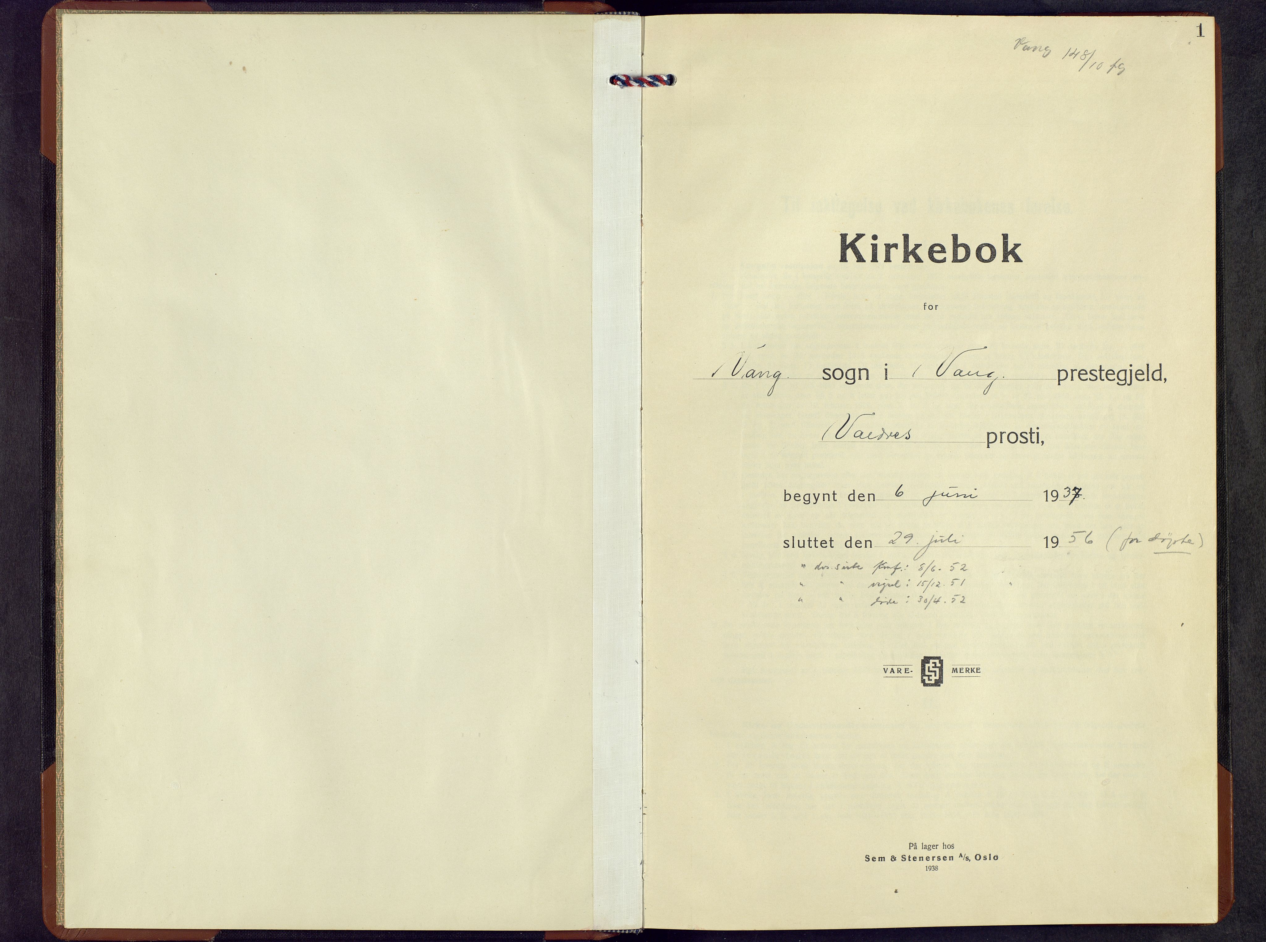 Vang prestekontor, Valdres, SAH/PREST-140/H/Hb/L0009: Parish register (copy) no. 9, 1937-1956, p. 1