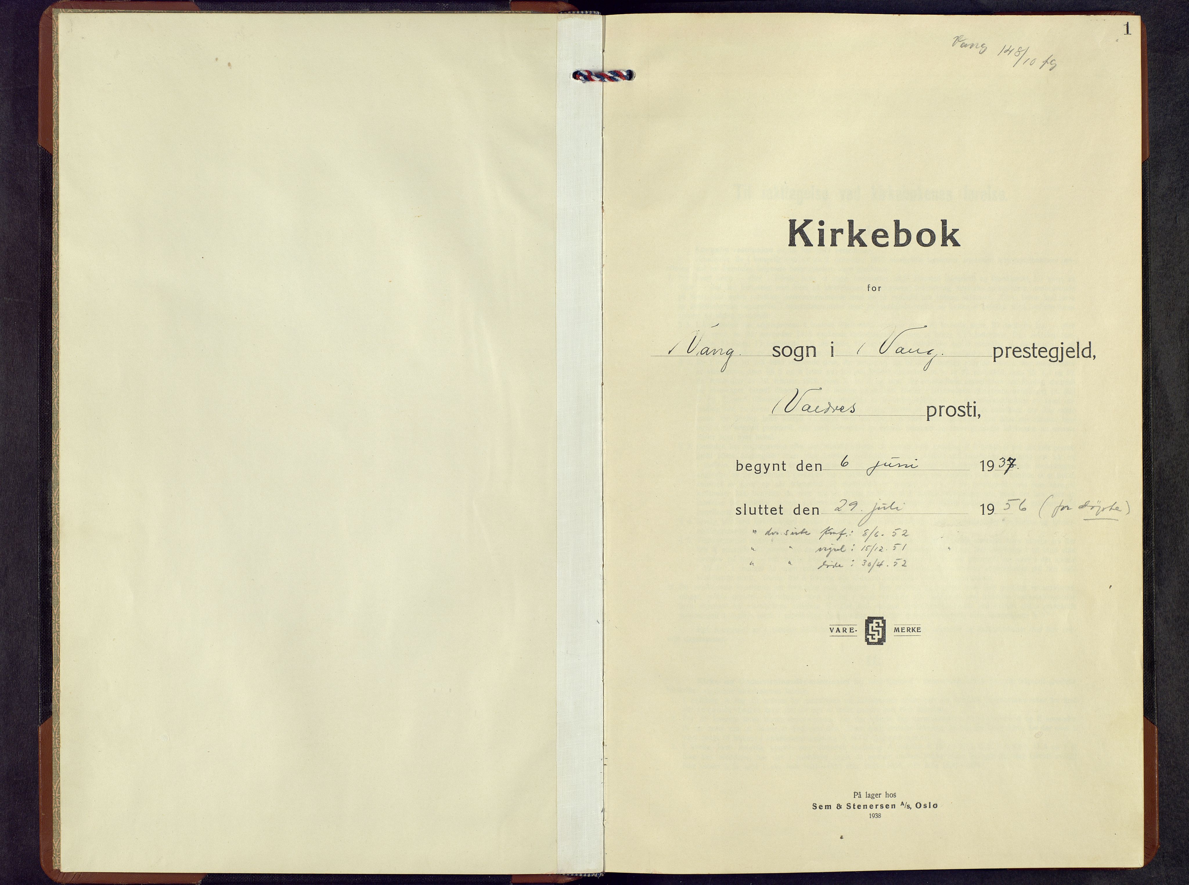 Vang prestekontor, Valdres, AV/SAH-PREST-140/H/Hb/L0009: Parish register (copy) no. 9, 1937-1956, p. 1