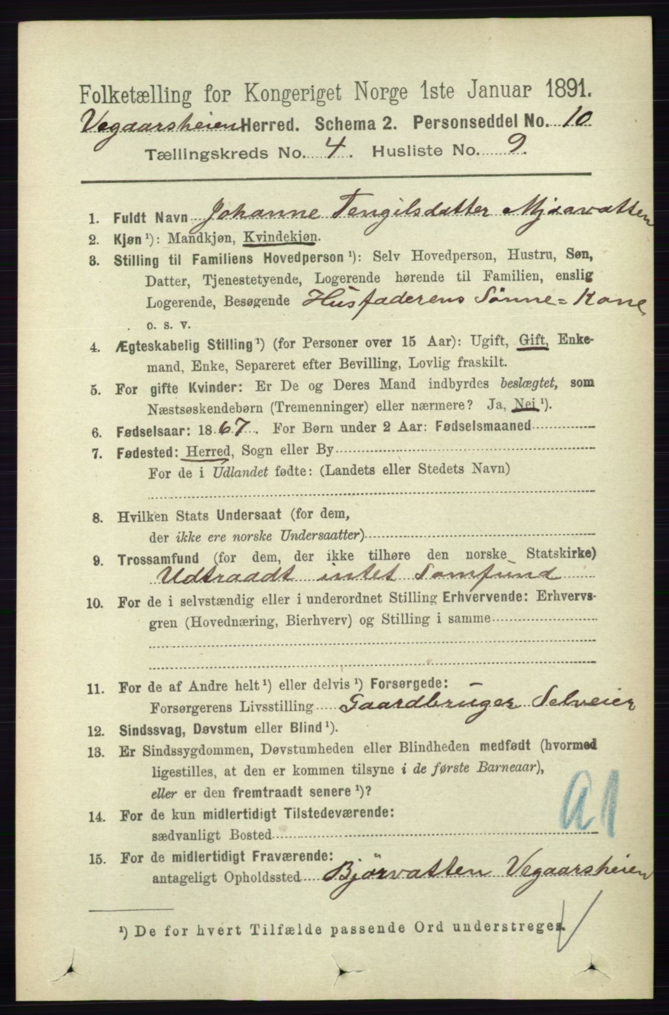 RA, 1891 census for 0912 Vegårshei, 1891, p. 831