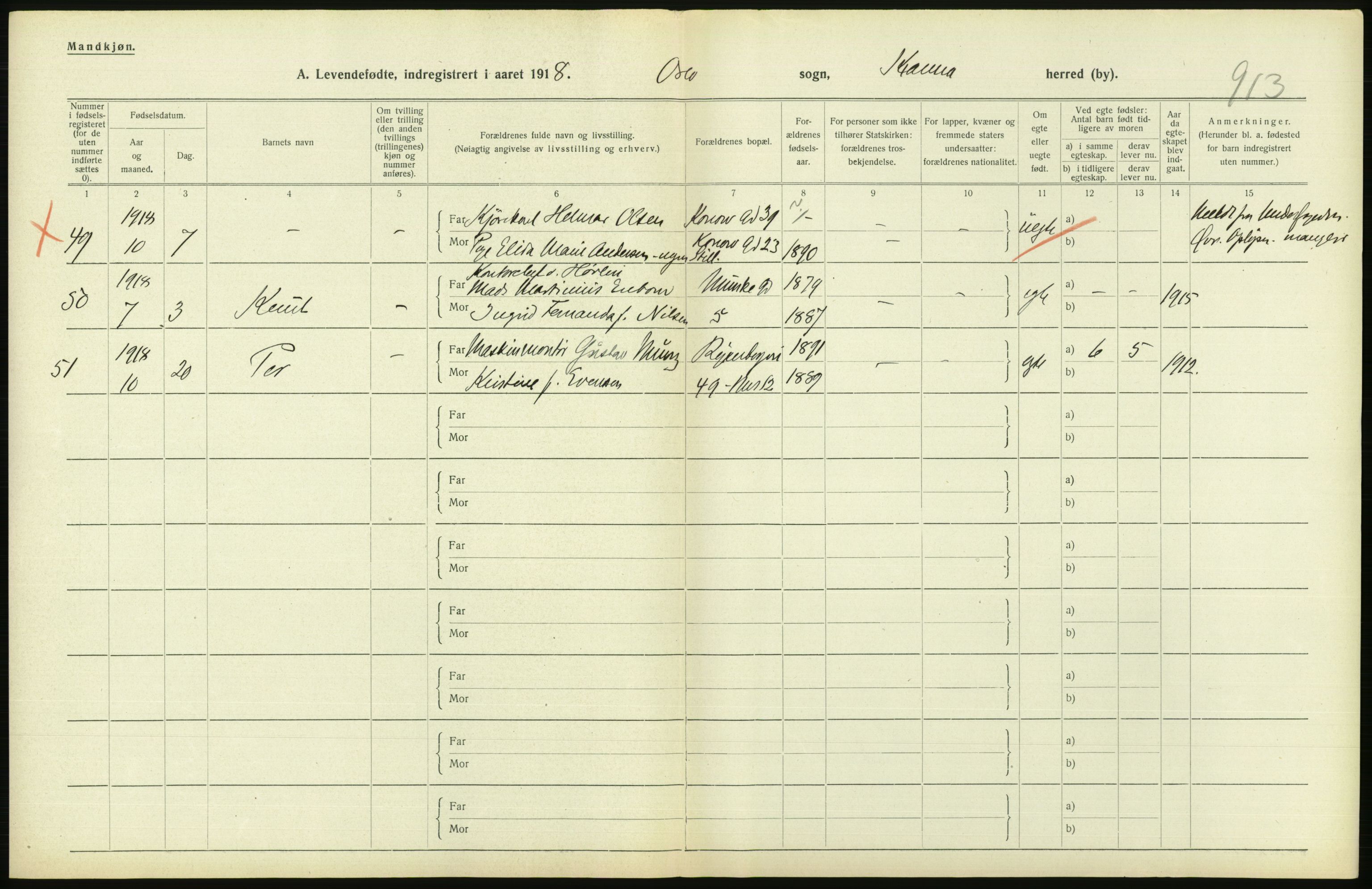 Statistisk sentralbyrå, Sosiodemografiske emner, Befolkning, AV/RA-S-2228/D/Df/Dfb/Dfbh/L0008: Kristiania: Levendefødte menn og kvinner., 1918, p. 734