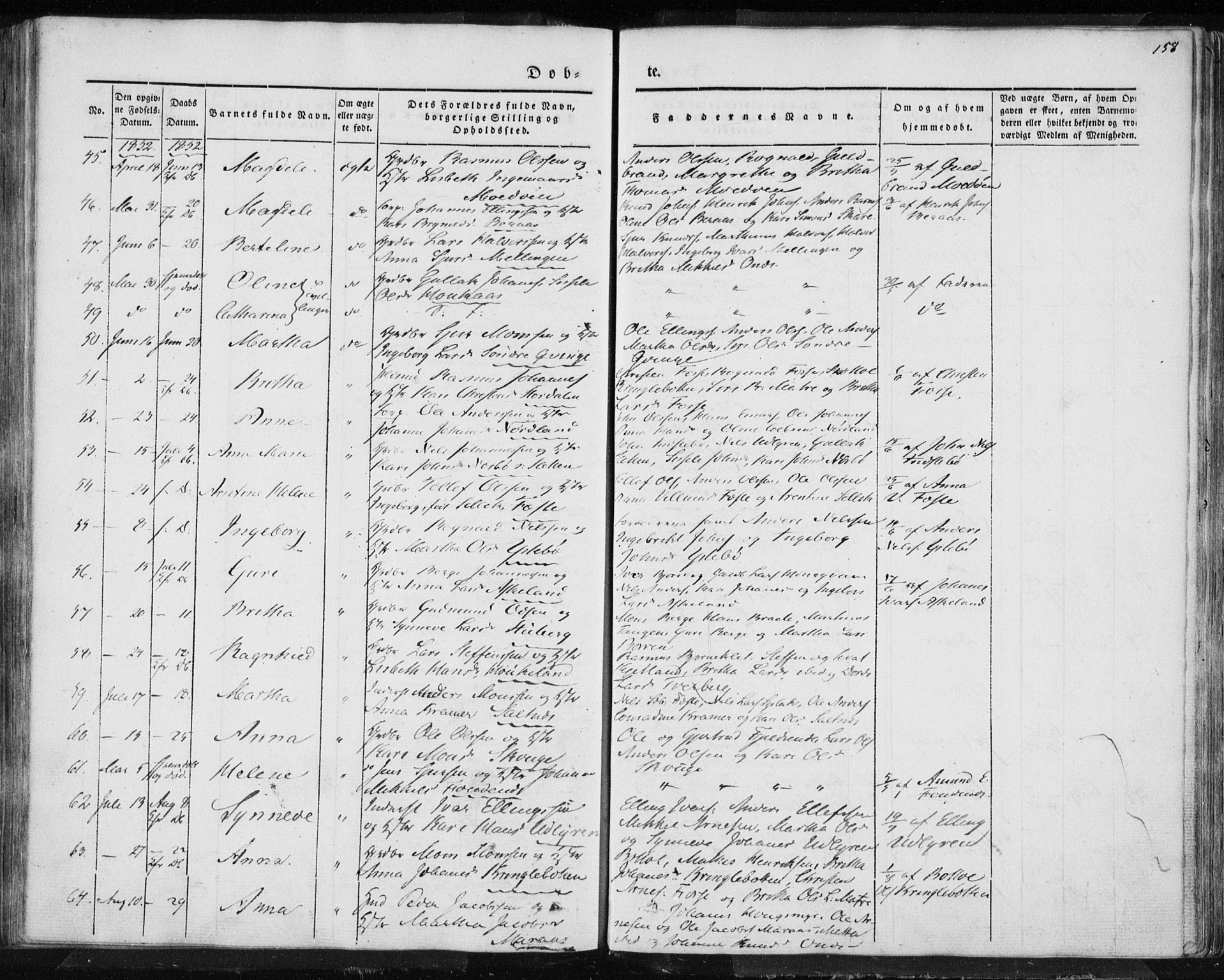 Lindås Sokneprestembete, AV/SAB-A-76701/H/Haa/Haaa/L0010: Parish register (official) no. A 10, 1842-1862, p. 158