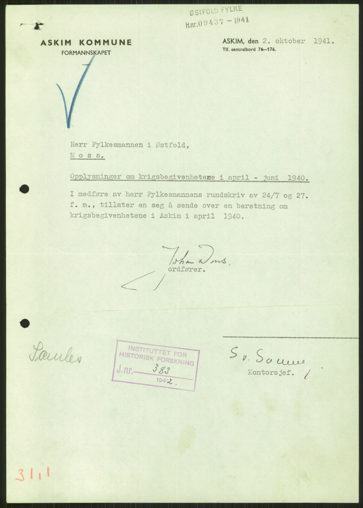 Forsvaret, Forsvarets krigshistoriske avdeling, AV/RA-RAFA-2017/Y/Ya/L0013: II-C-11-31 - Fylkesmenn.  Rapporter om krigsbegivenhetene 1940., 1940, p. 25