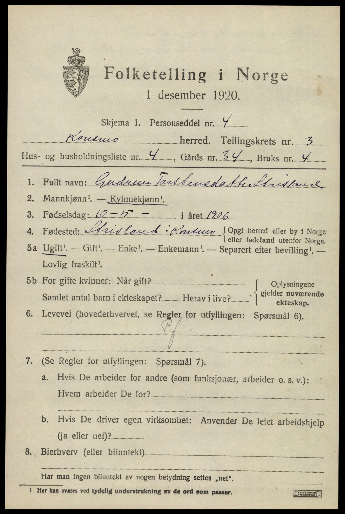 SAK, 1920 census for Konsmo, 1920, p. 1160