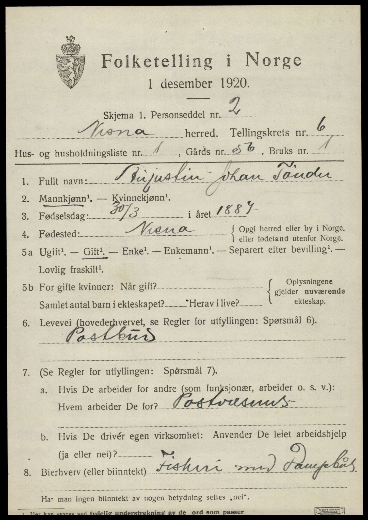 SAT, 1920 census for Nesna, 1920, p. 4567