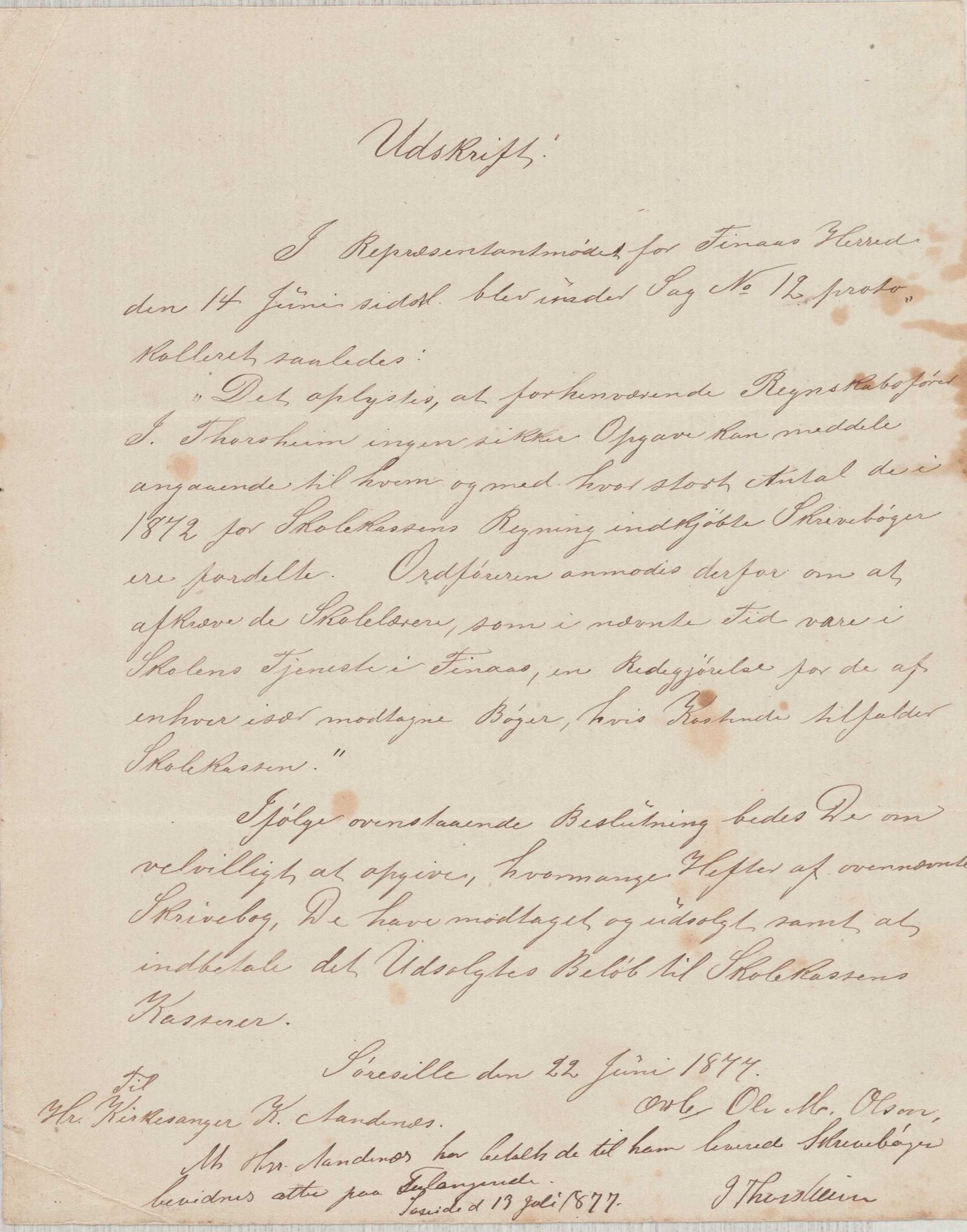 Finnaas kommune. Formannskapet, IKAH/1218a-021/D/Da/L0001/0002: Korrespondanse / saker / Kronologisk ordna korrespodanse, 1876-1879, p. 44