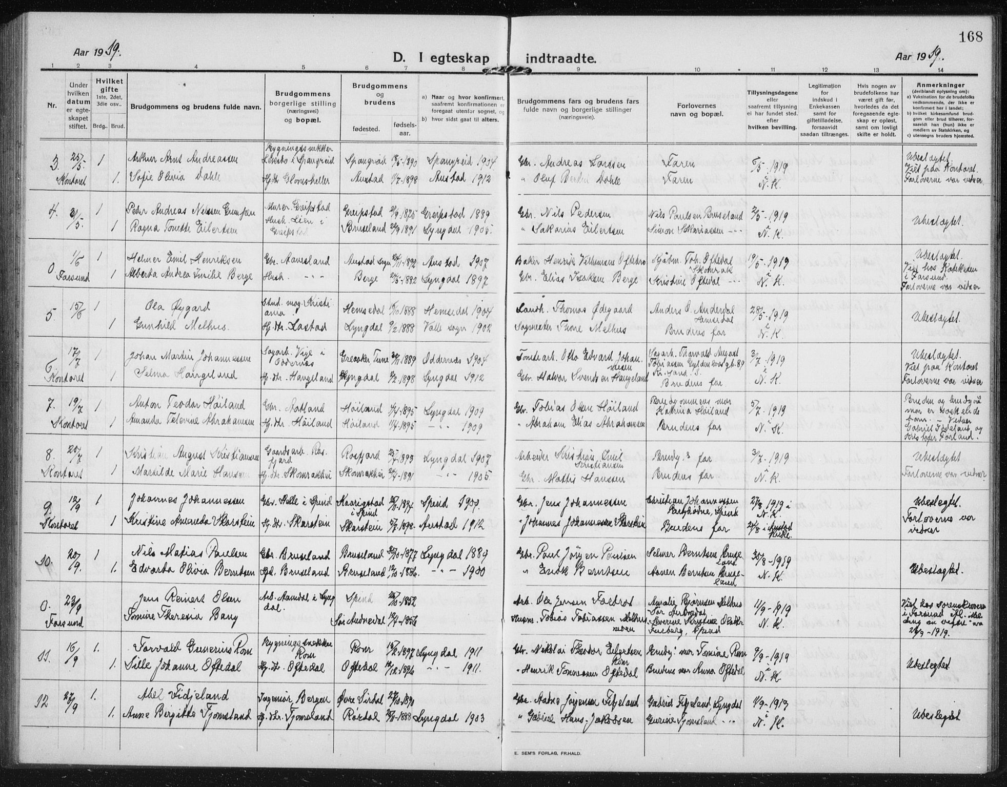 Lyngdal sokneprestkontor, AV/SAK-1111-0029/F/Fb/Fbc/L0006: Parish register (copy) no. B 6, 1914-1934, p. 168