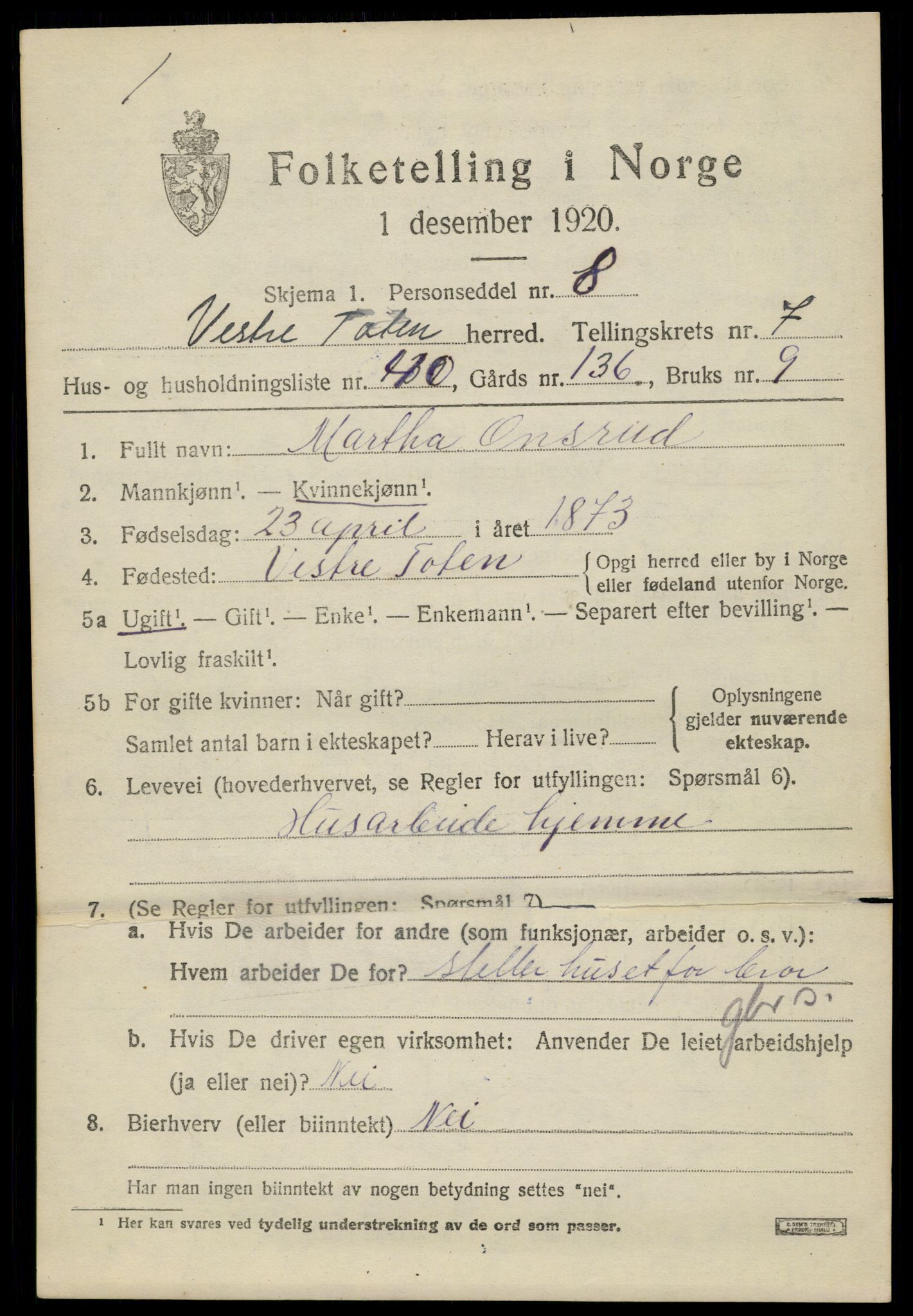SAH, 1920 census for Vestre Toten, 1920, p. 9670