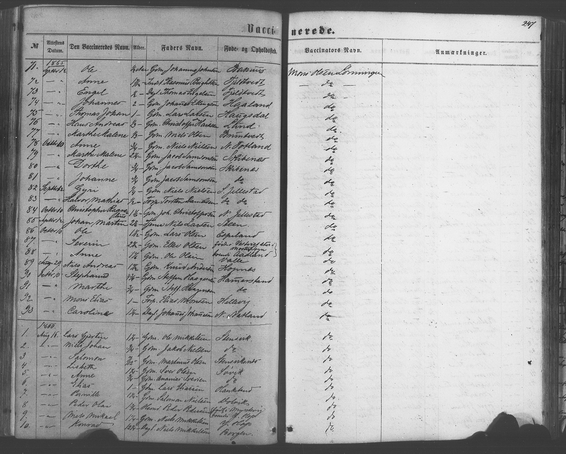 Fana Sokneprestembete, SAB/A-75101/H/Haa/Haaa/L0012: Parish register (official) no. A 12, 1862-1878, p. 247