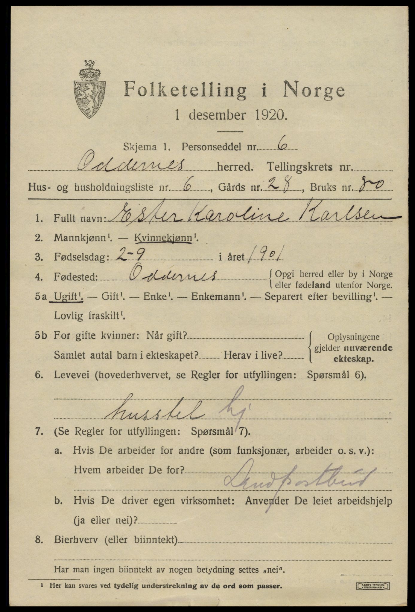 SAK, 1920 census for Oddernes, 1920, p. 7663