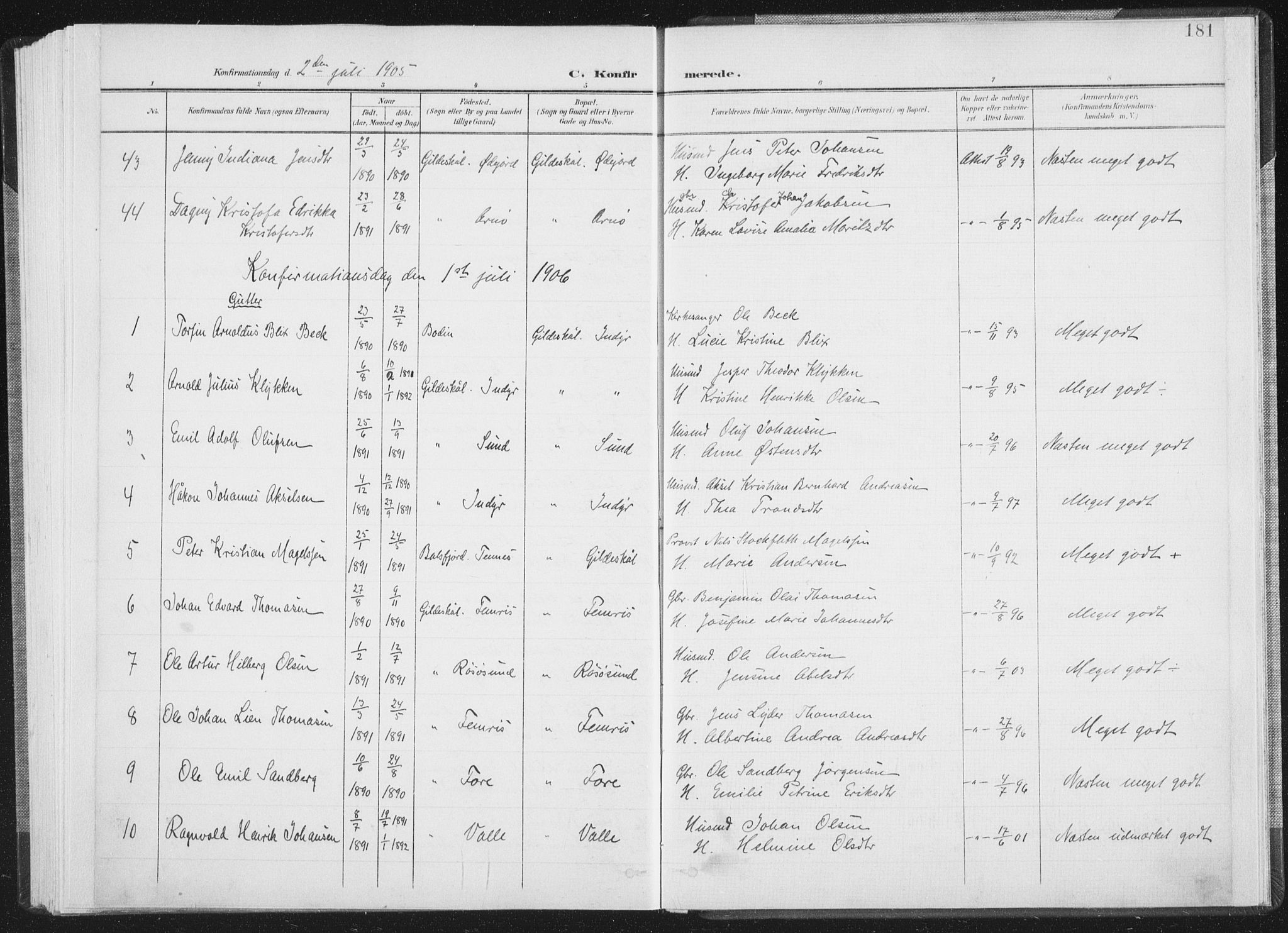 Ministerialprotokoller, klokkerbøker og fødselsregistre - Nordland, AV/SAT-A-1459/805/L0102: Parish register (official) no. 805A08I, 1900-1909, p. 181