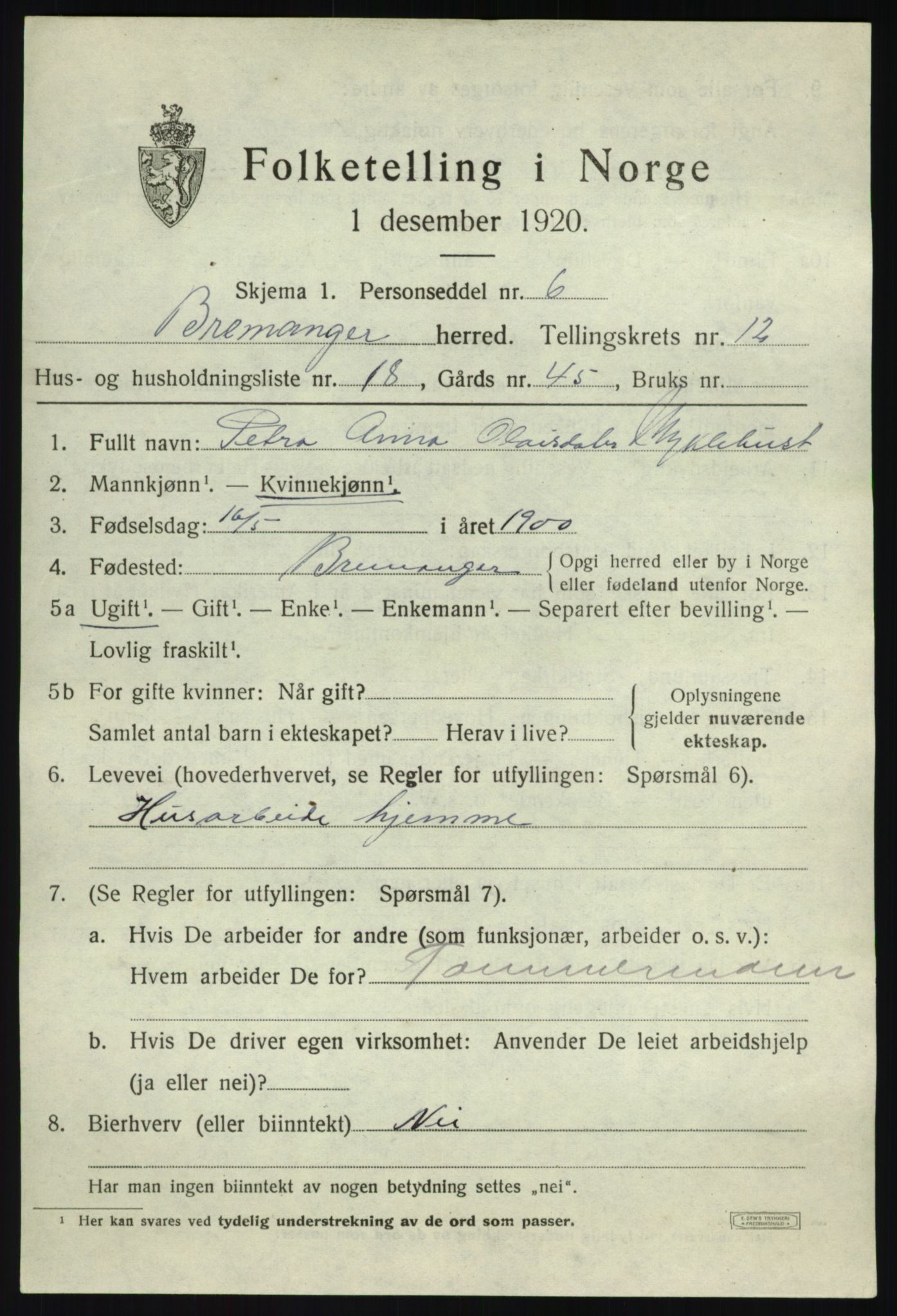 SAB, 1920 census for Bremanger, 1920, p. 6746