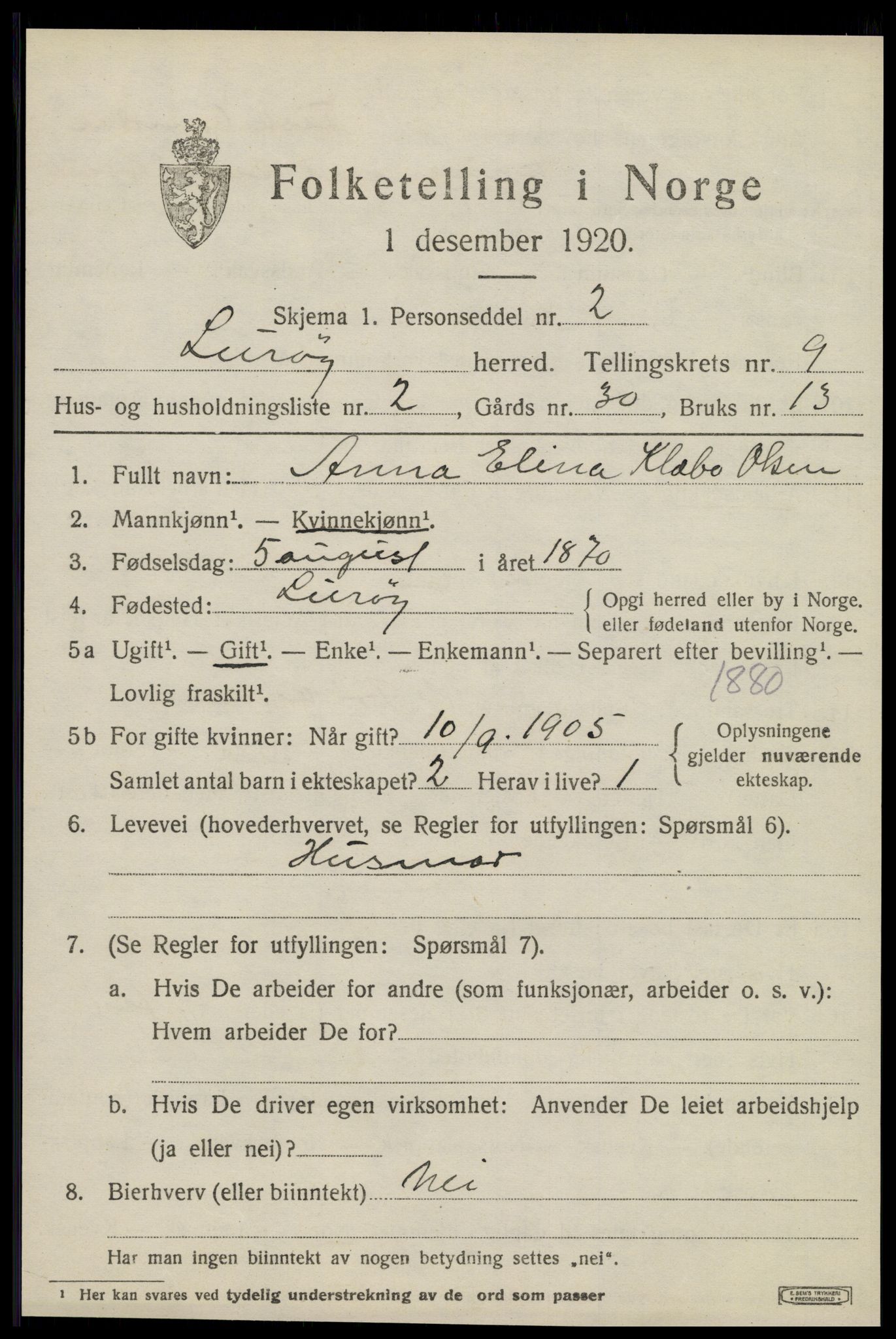 SAT, 1920 census for Lurøy, 1920, p. 4031