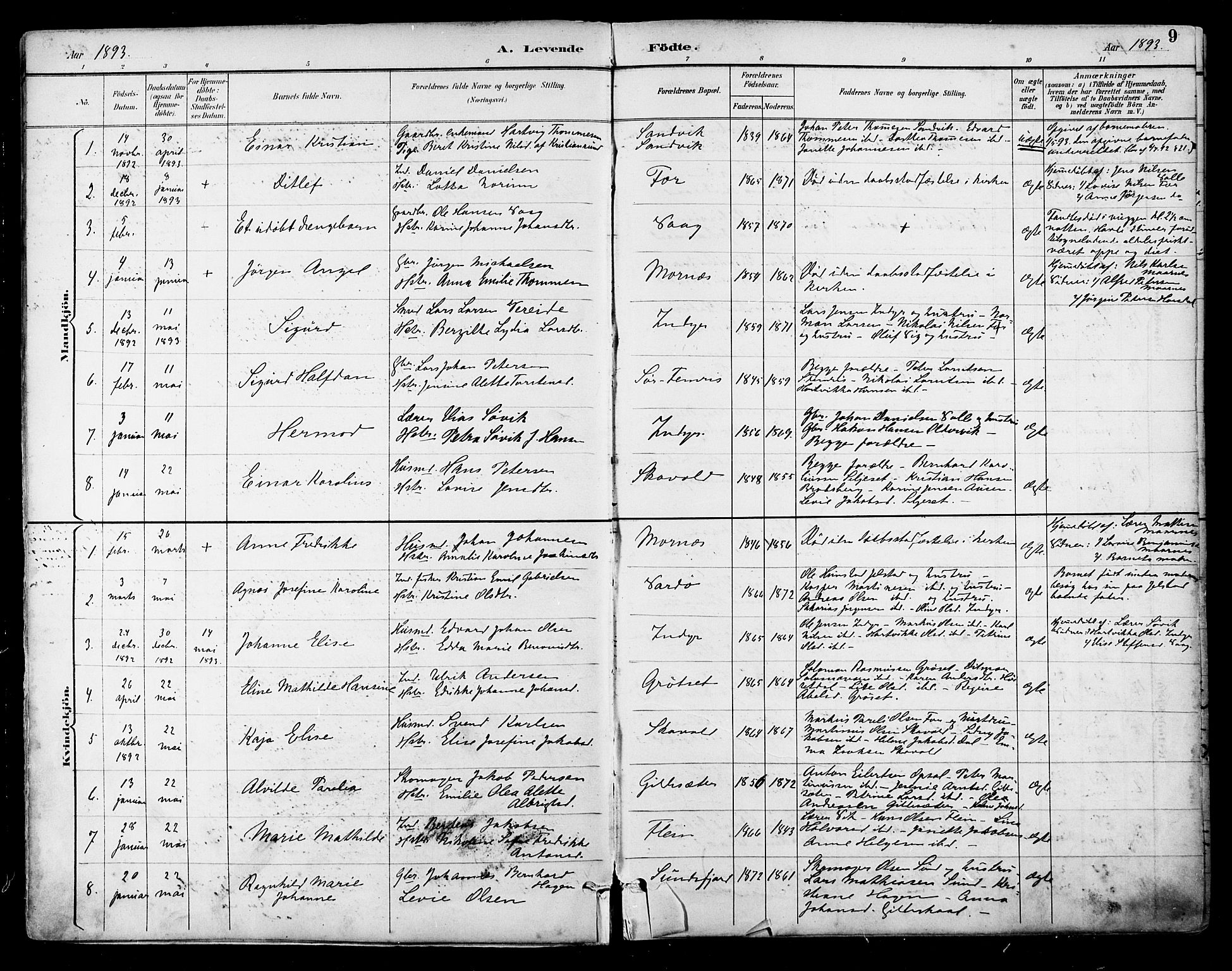 Ministerialprotokoller, klokkerbøker og fødselsregistre - Nordland, SAT/A-1459/805/L0101: Parish register (official) no. 805A07, 1892-1899, p. 9