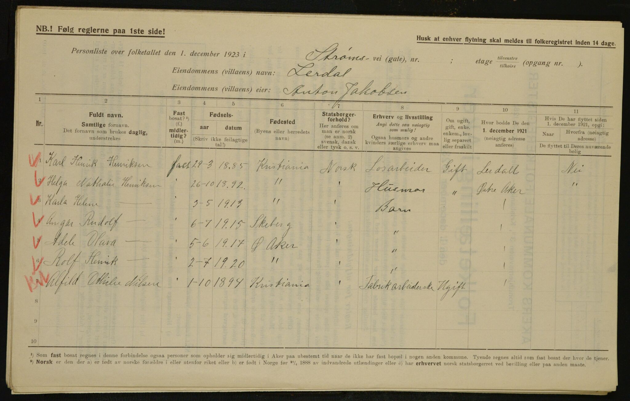 , Municipal Census 1923 for Aker, 1923, p. 32336